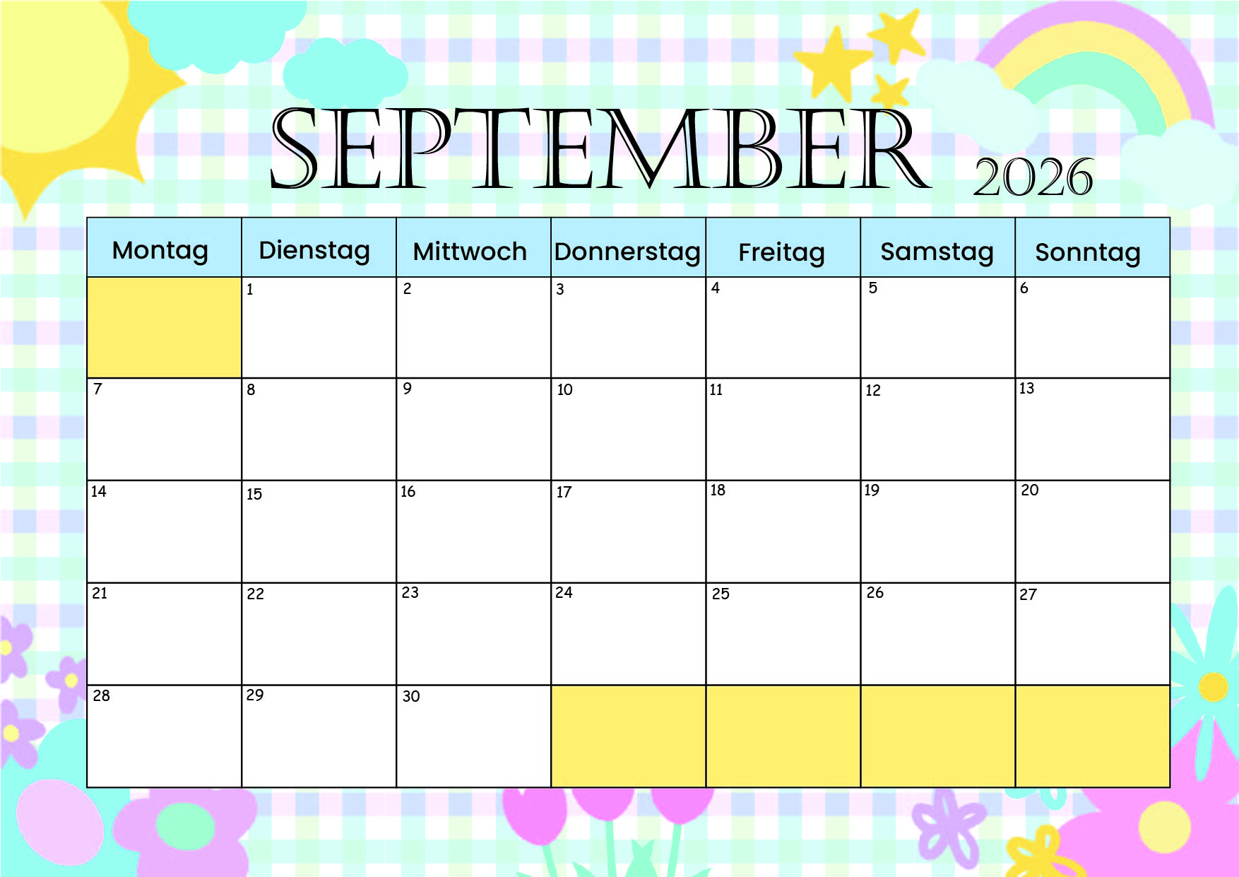 Kalender September zum 2026 Ausdrucken