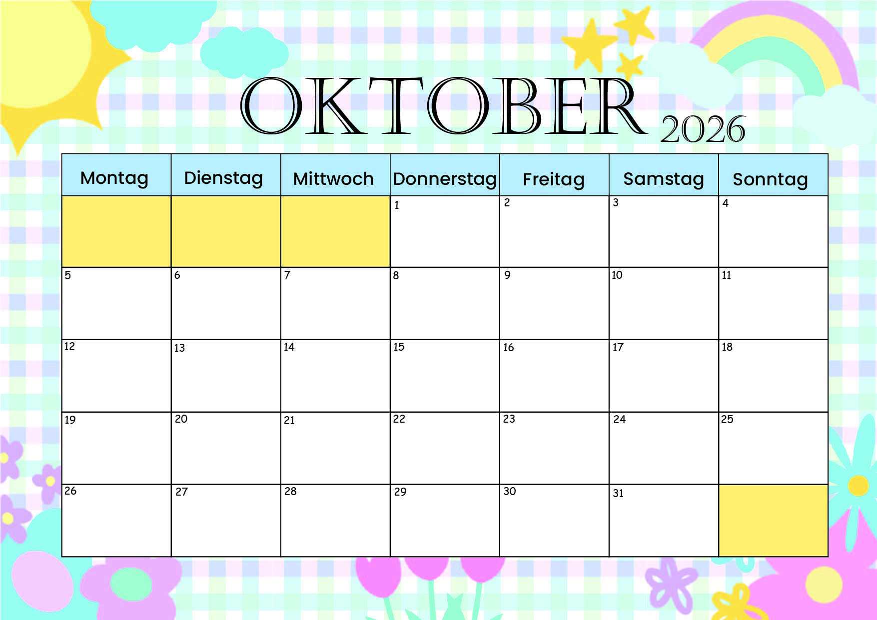 Kalender Oktober zum 2026 Ausdrucken