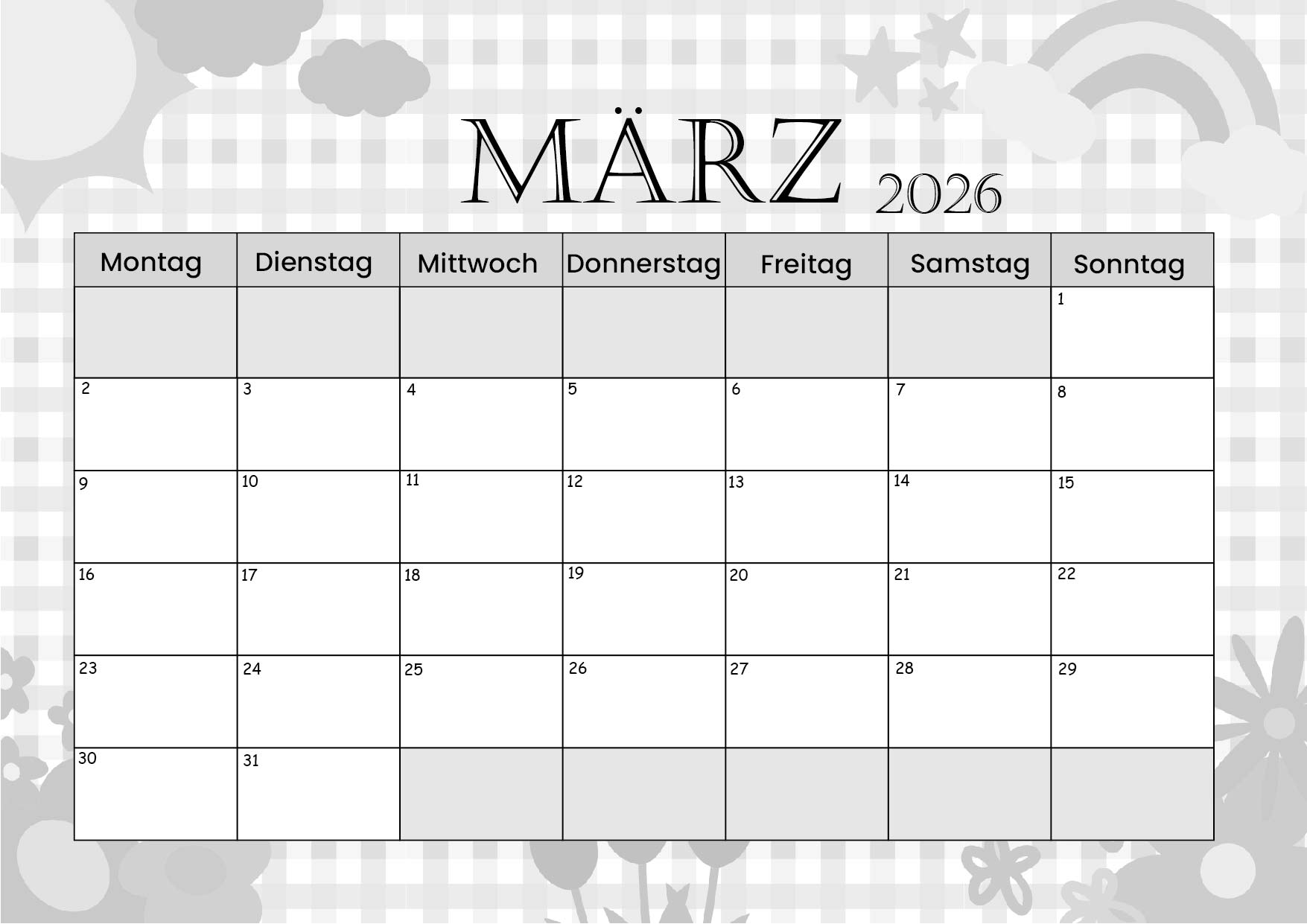 Kalender März zum 2026 Ausdrucken