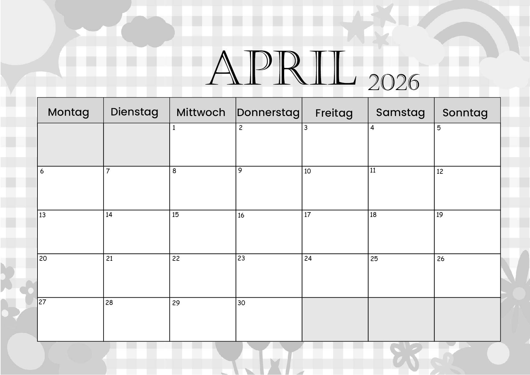 Kalender April zum 2026 Ausdrucken