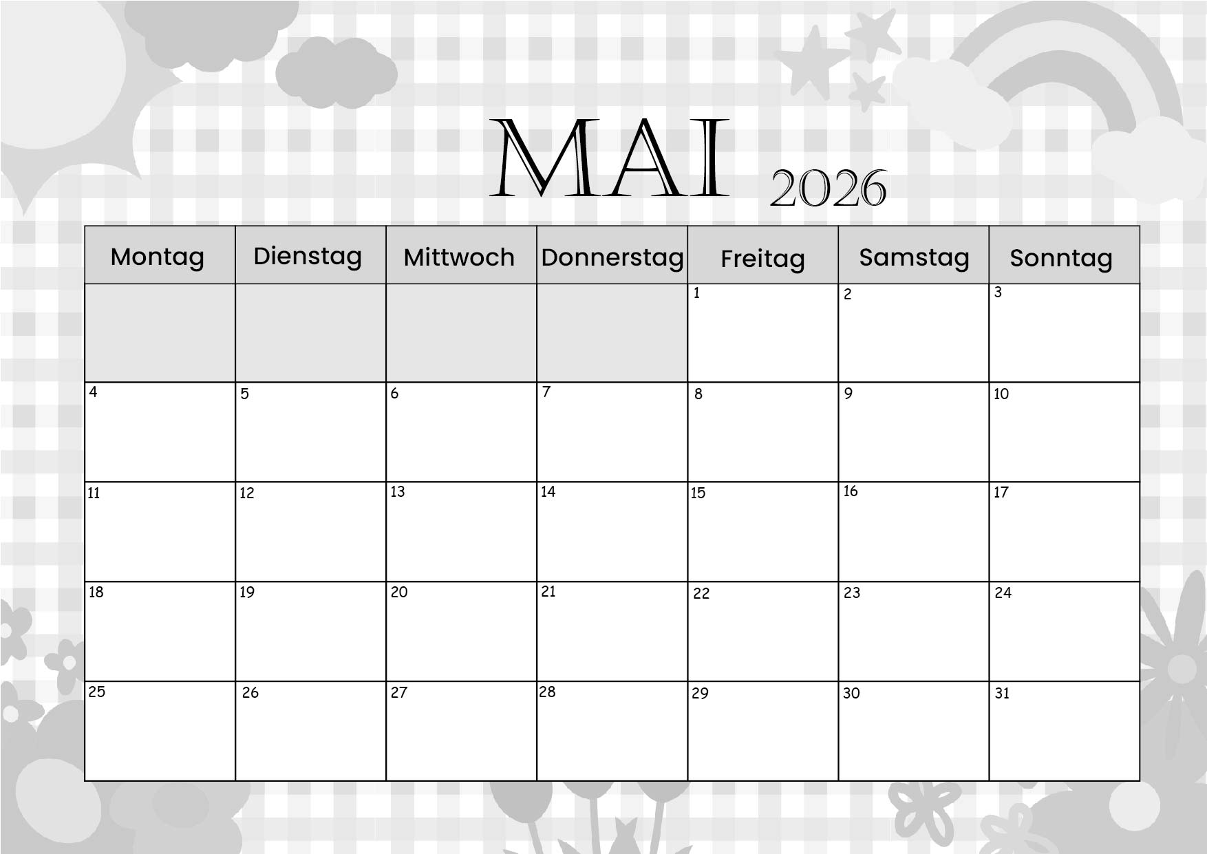 Kalender Mai zum 2026 Ausdrucken