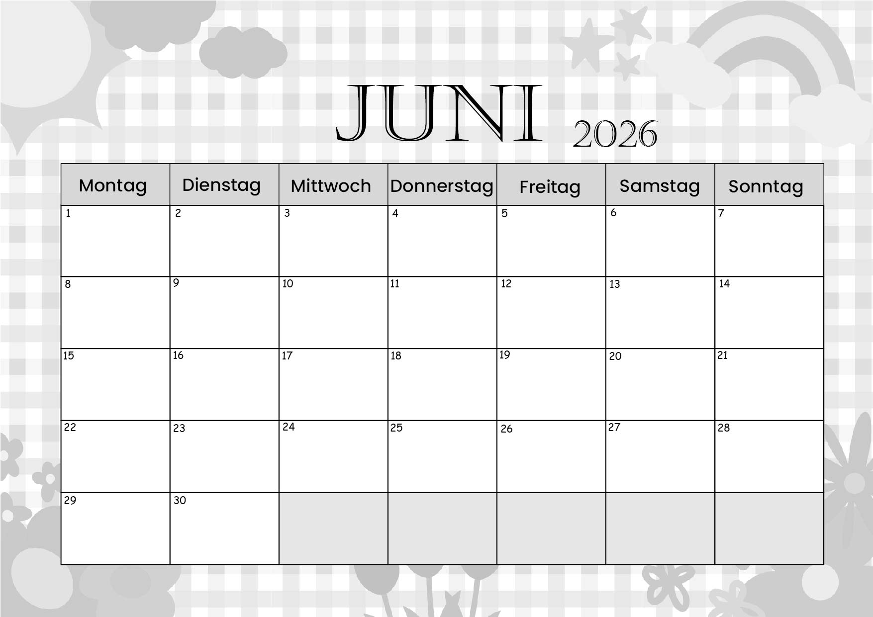Kalender Juni zum 2026 Ausdrucken