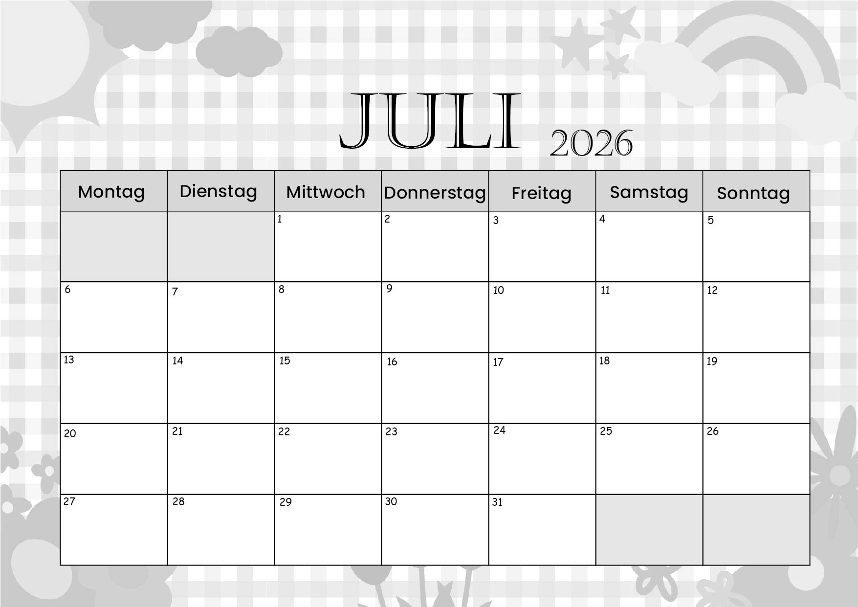 Kalender Juli zum 2026 Ausdrucken