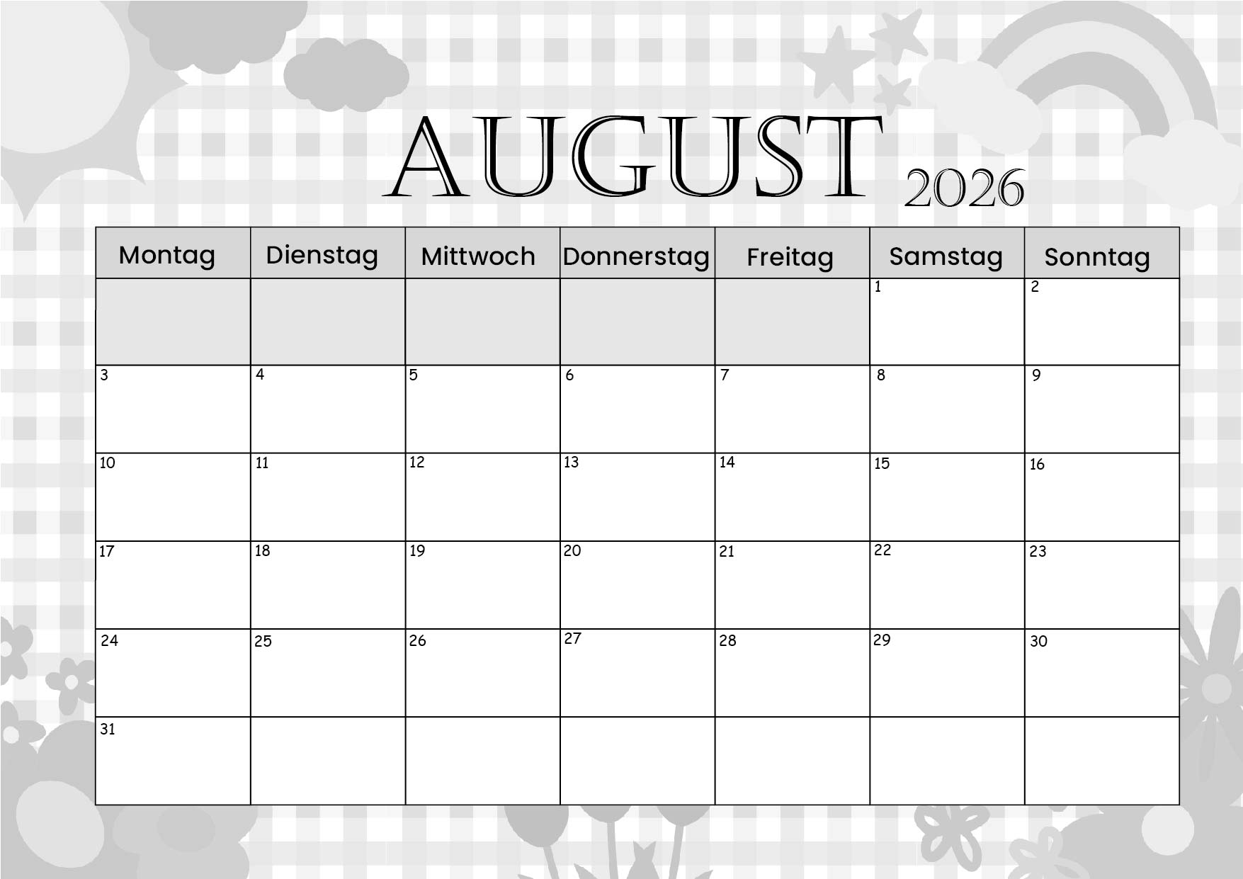 Kalender August zum 2026 Ausdrucken