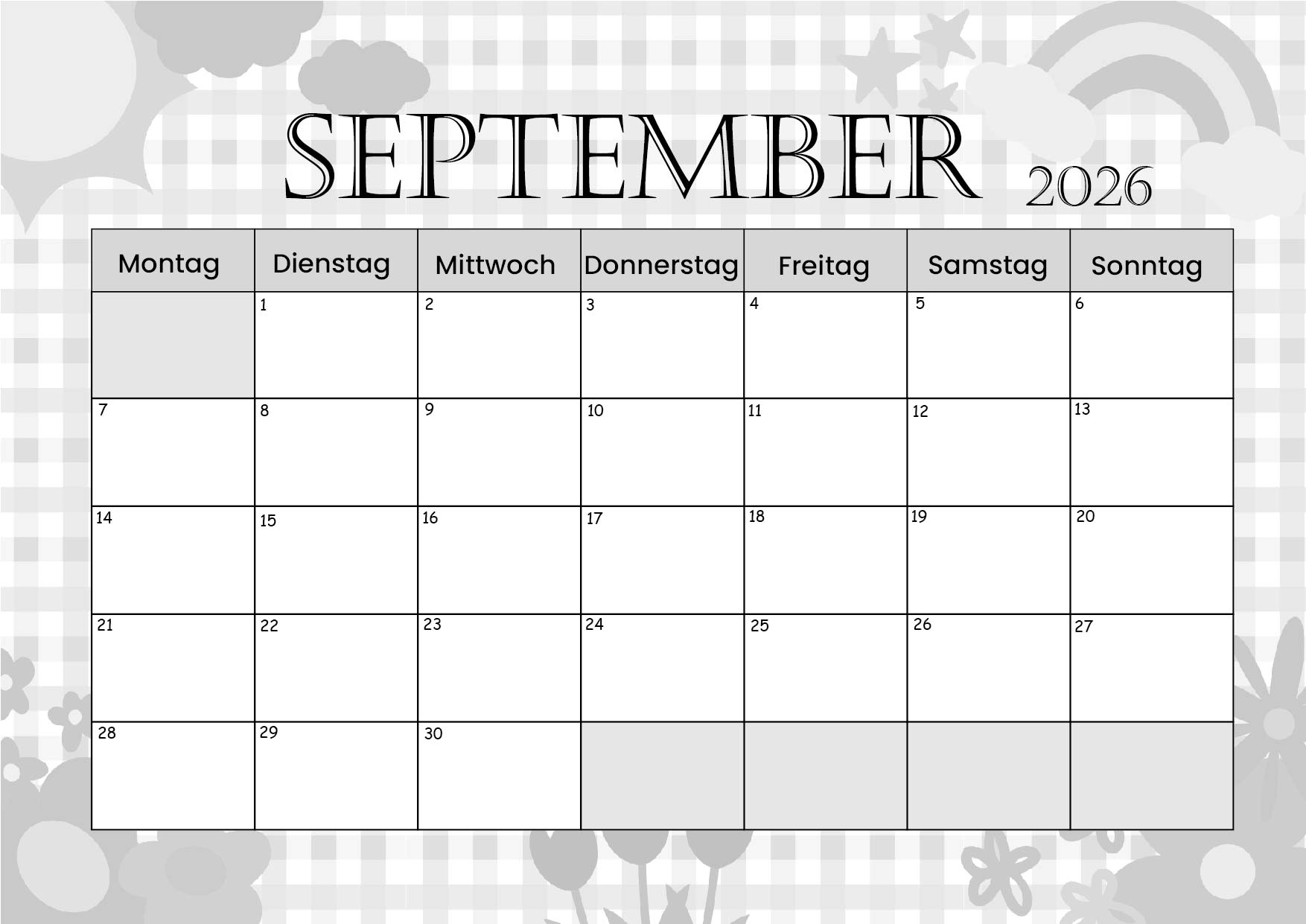 Kalender September zum 2026 Ausdrucken