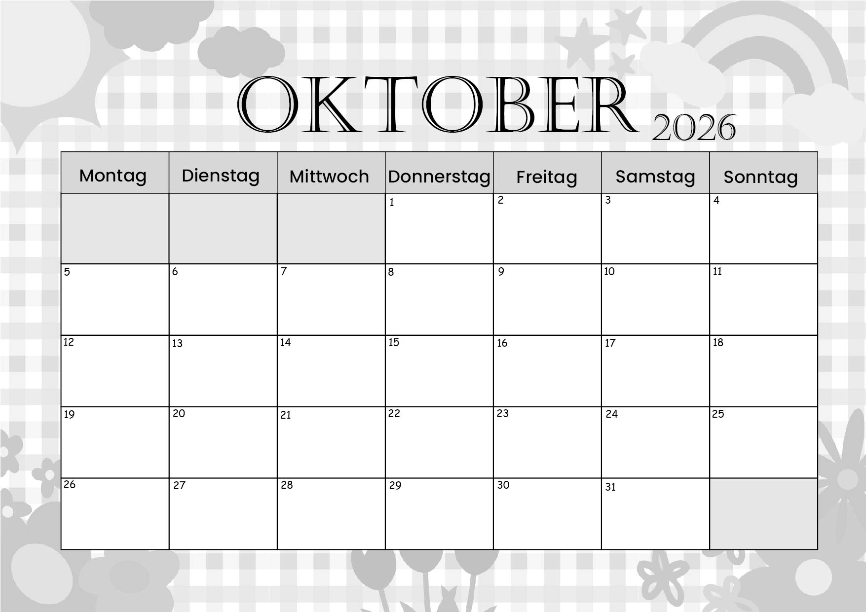 Kalender Oktober zum 2026 Ausdrucken