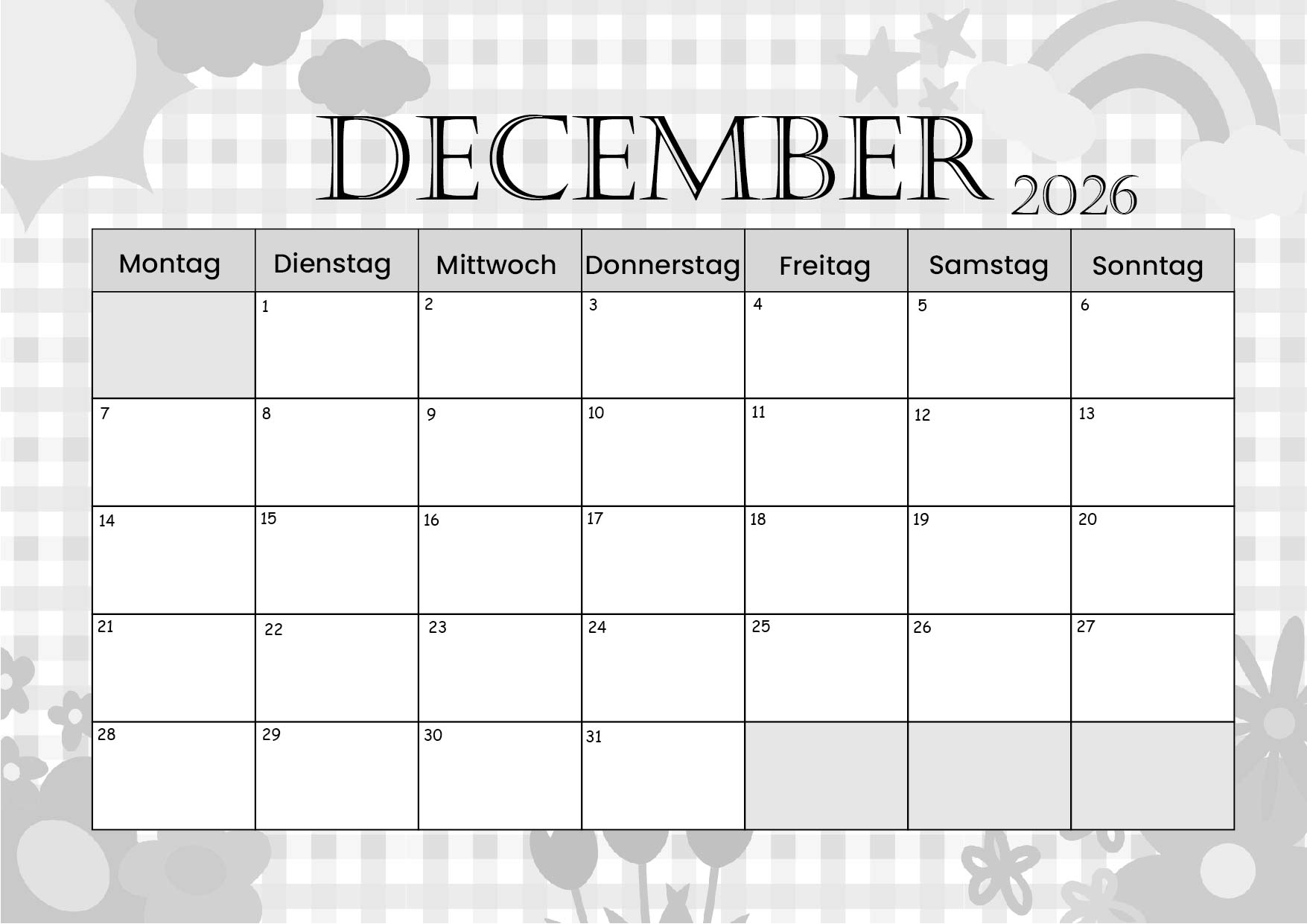 Kalender Dezember zum 2026 Ausdrucken