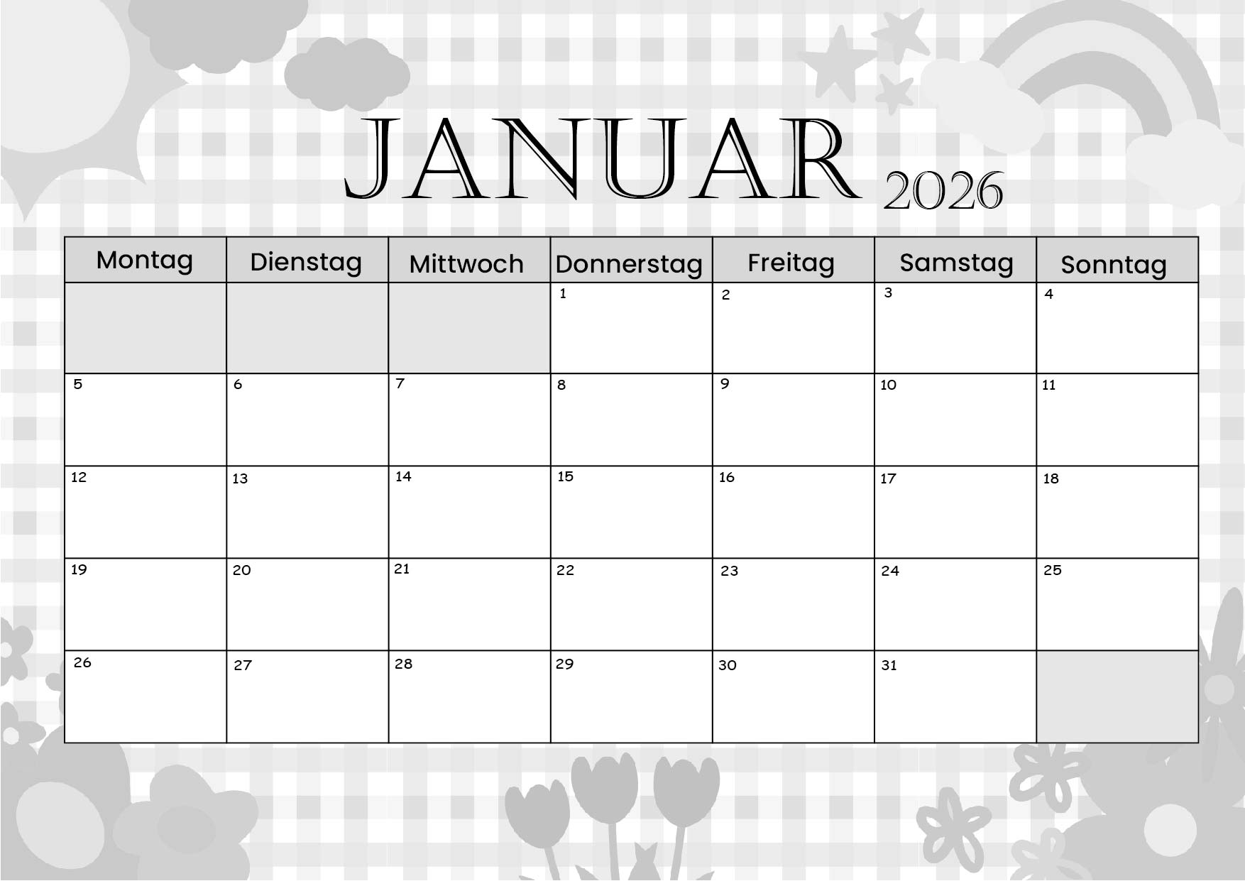 Kalender Januar zum 2026 Ausdrucken