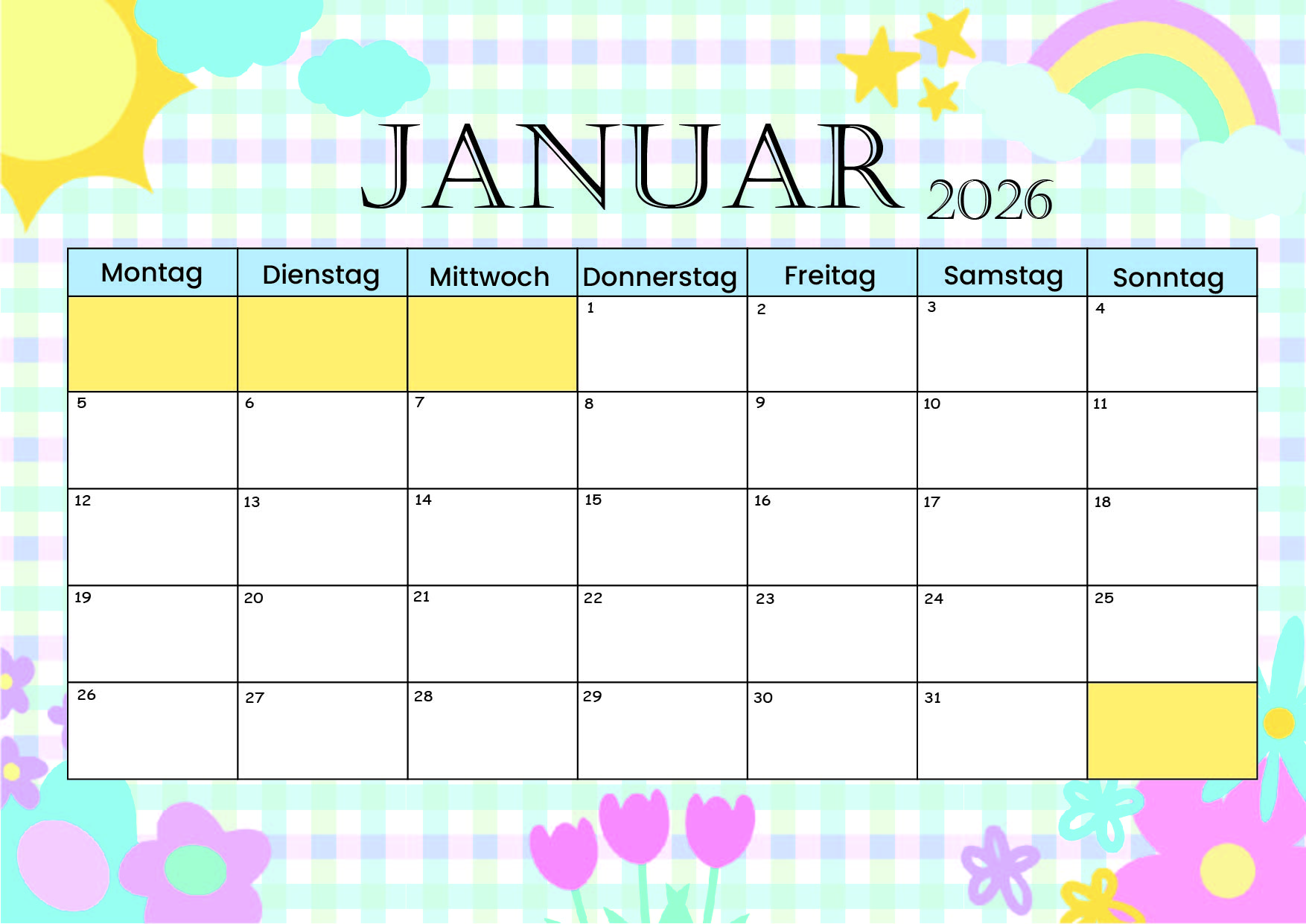 Kalender Januar zum 2026 Ausdrucken
