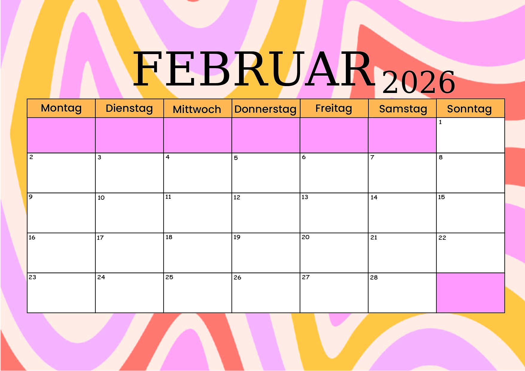 Februar 2026 Kalender zum Ausdrucken im PDF-Format