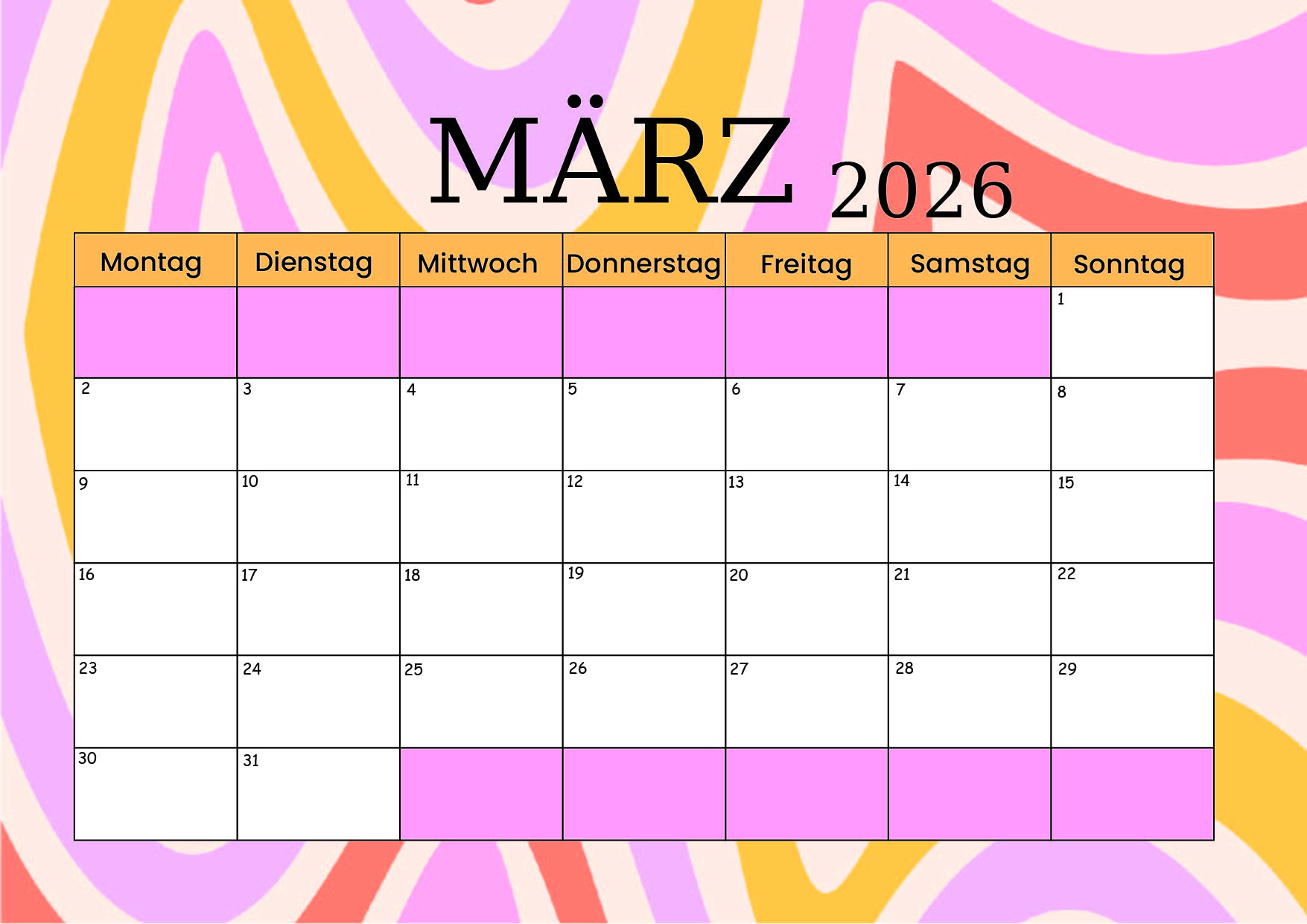 Kalender März zum 2026 Ausdrucken