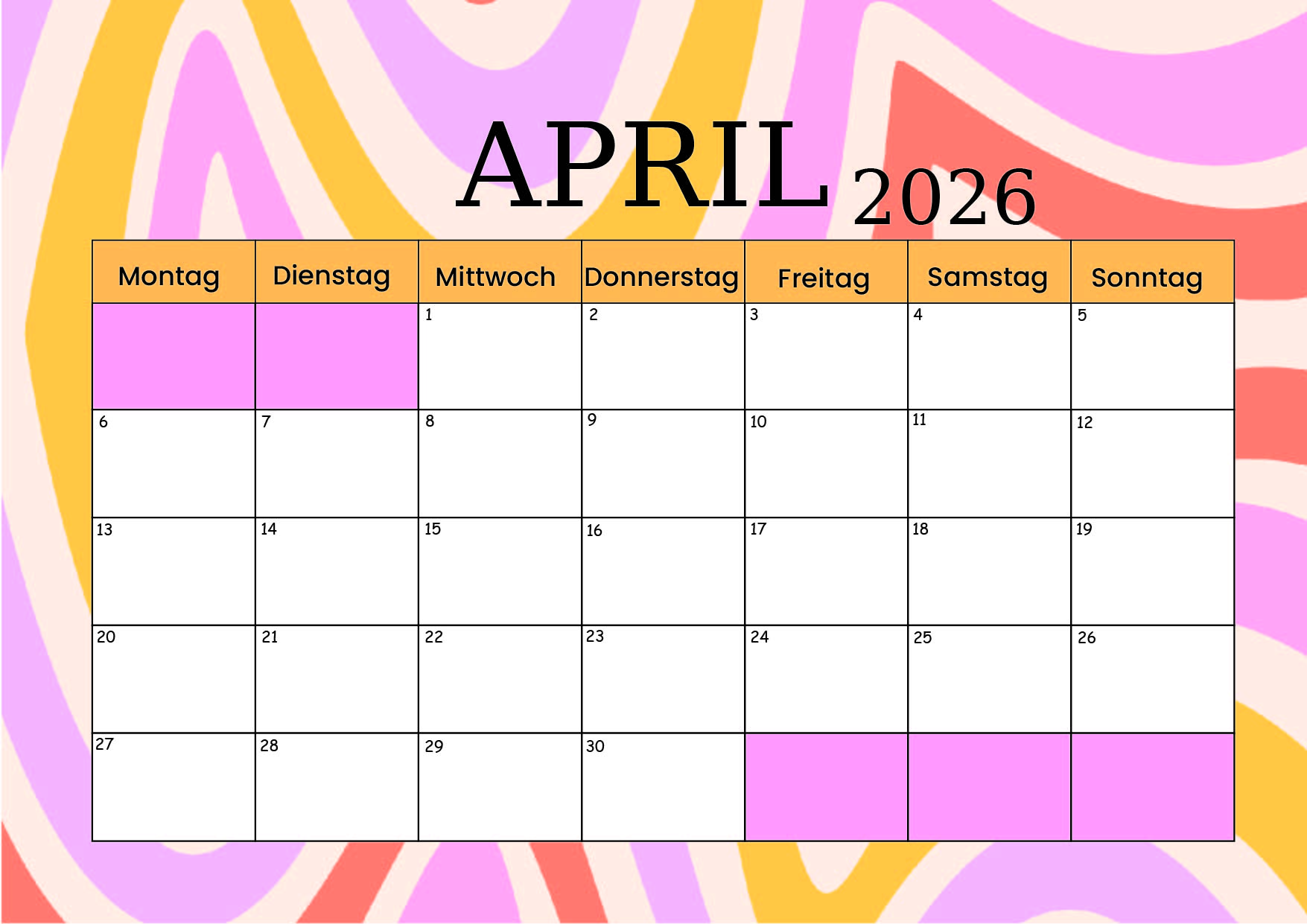 Kalender April zum 2026 Ausdrucken