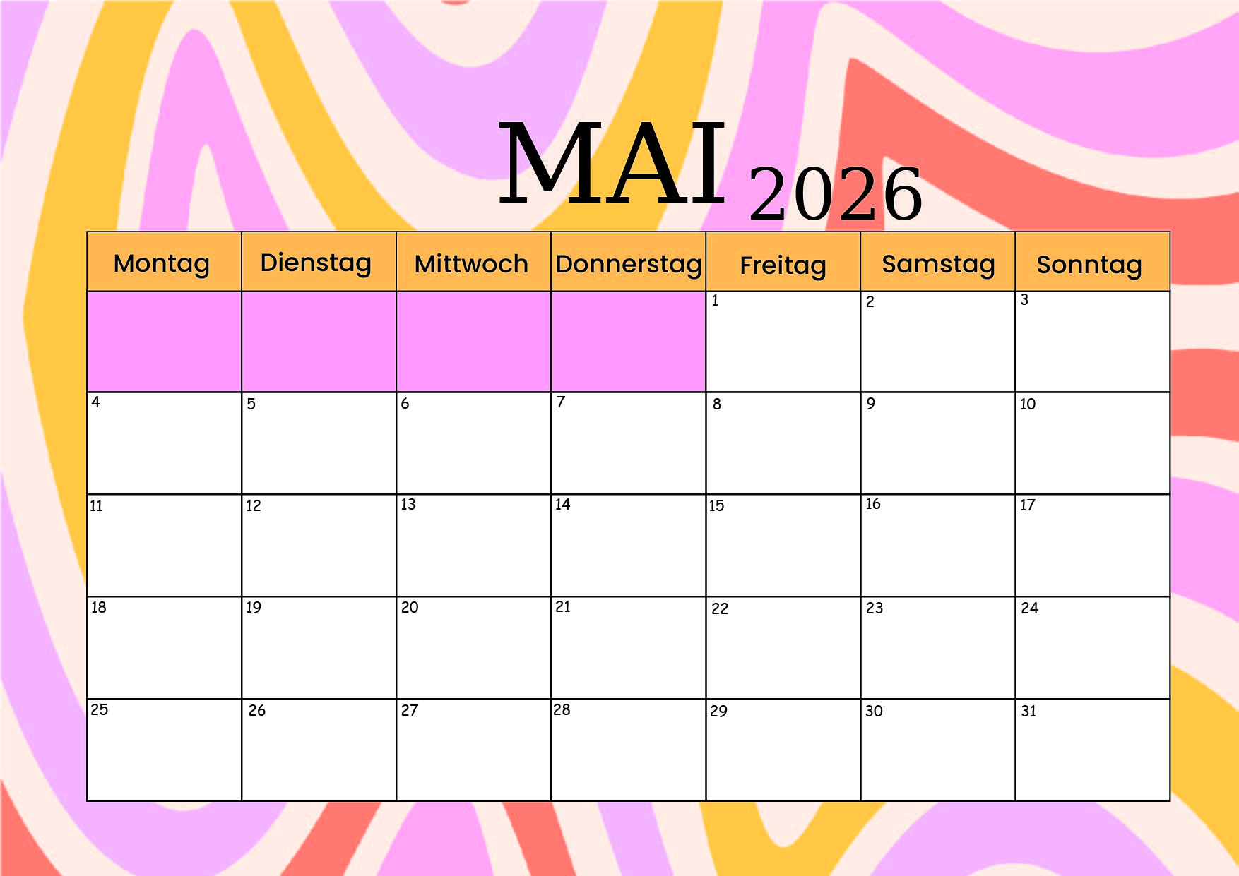 Kalender Mai zum 2026 Ausdrucken