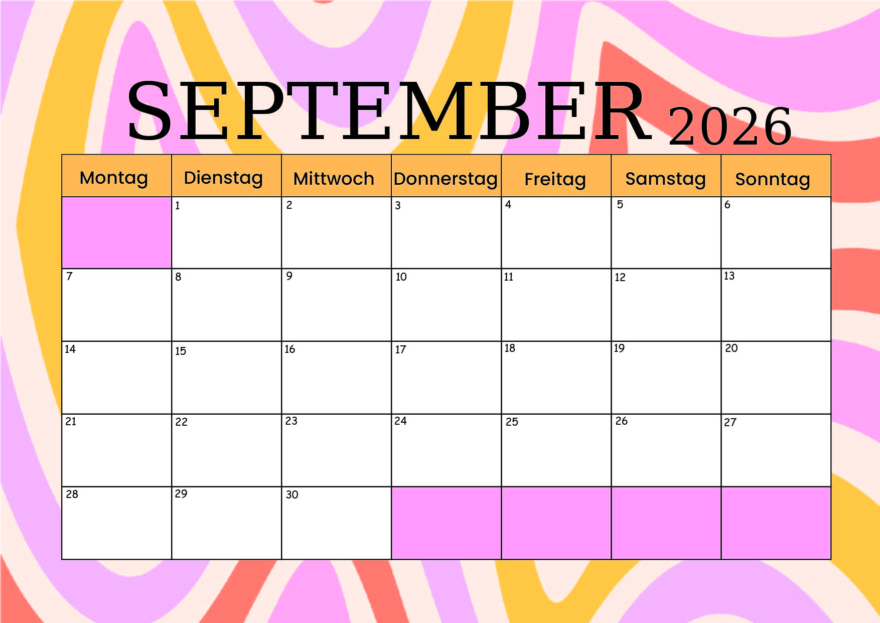 Kalender September zum 2026 Ausdrucken
