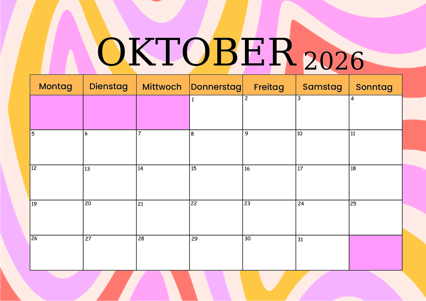Kalender Oktober zum 2026 Ausdrucken