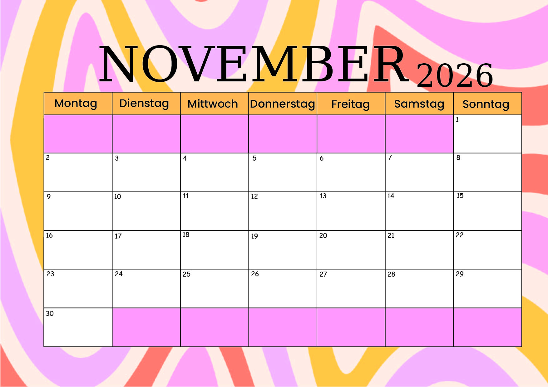 November 2026 Kalender zum Ausdrucken im PDF-Format