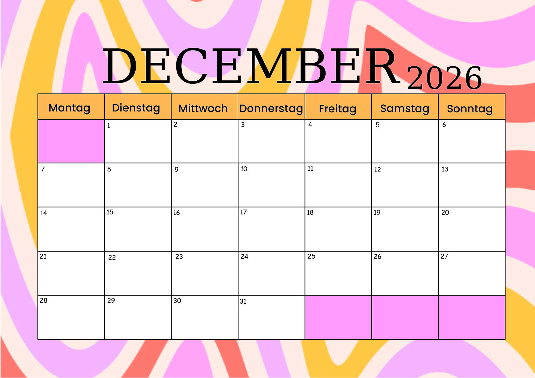 Kalender Dezember zum 2026 Ausdrucken
