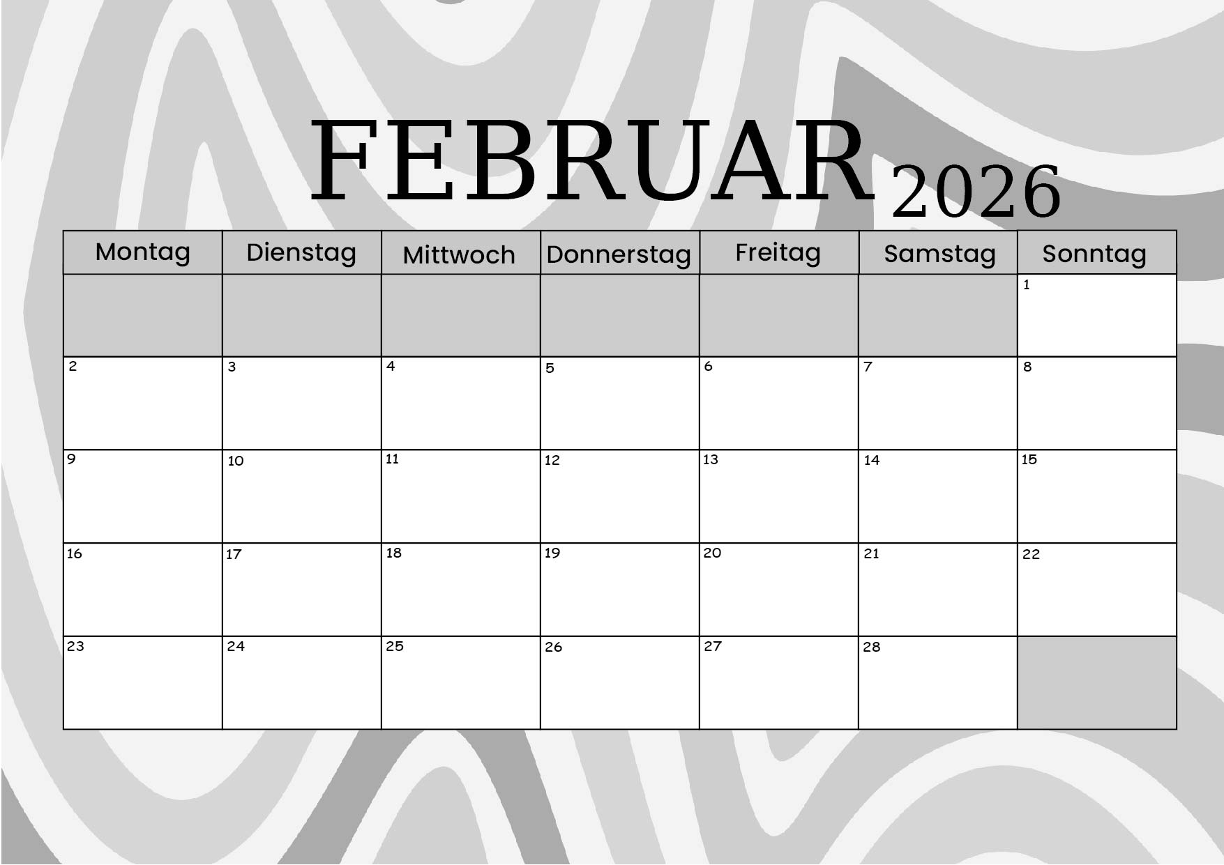 Februar 2026 Kalender zum Ausdrucken im PDF-Format