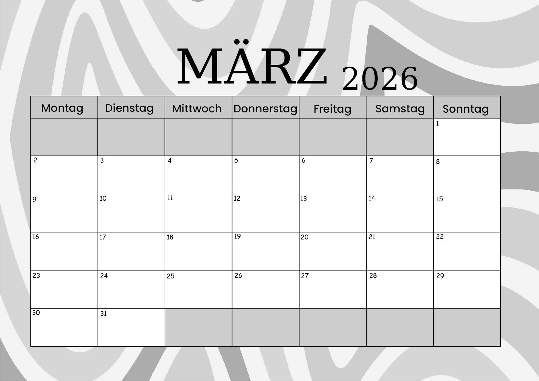 Kalender März zum 2026 Ausdrucken