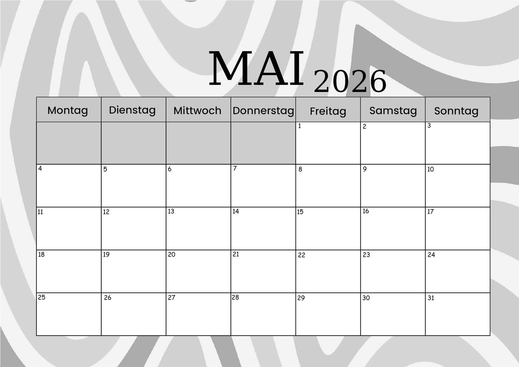 Kalender Mai zum 2026 Ausdrucken