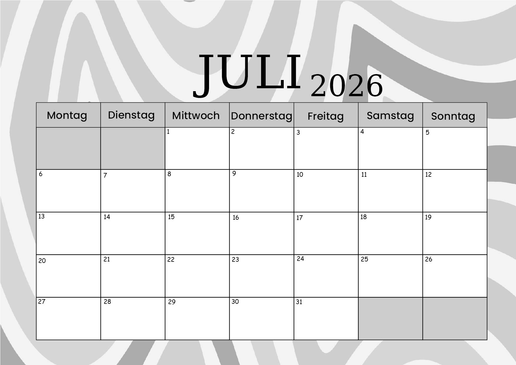Kalender Juli zum 2026 Ausdrucken