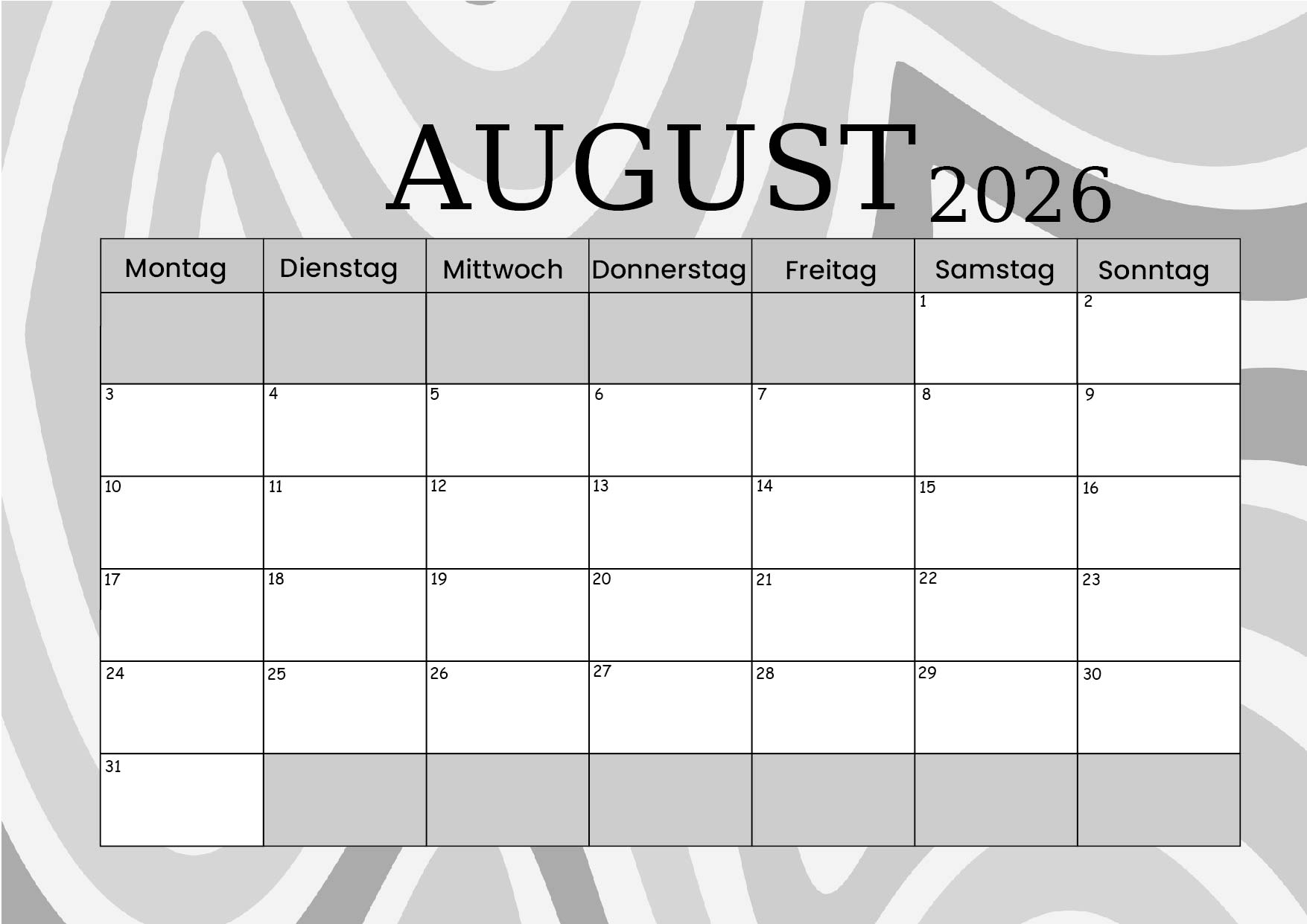 Kalender August zum 2026 Ausdrucken