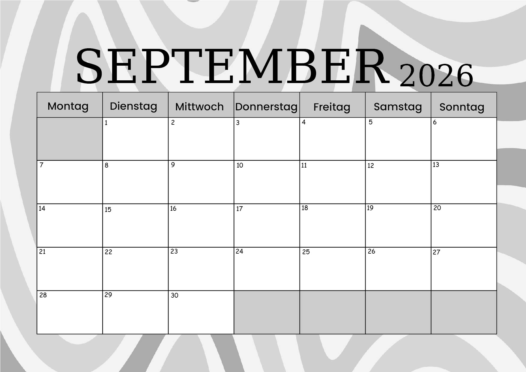 Kalender September zum 2026 Ausdrucken