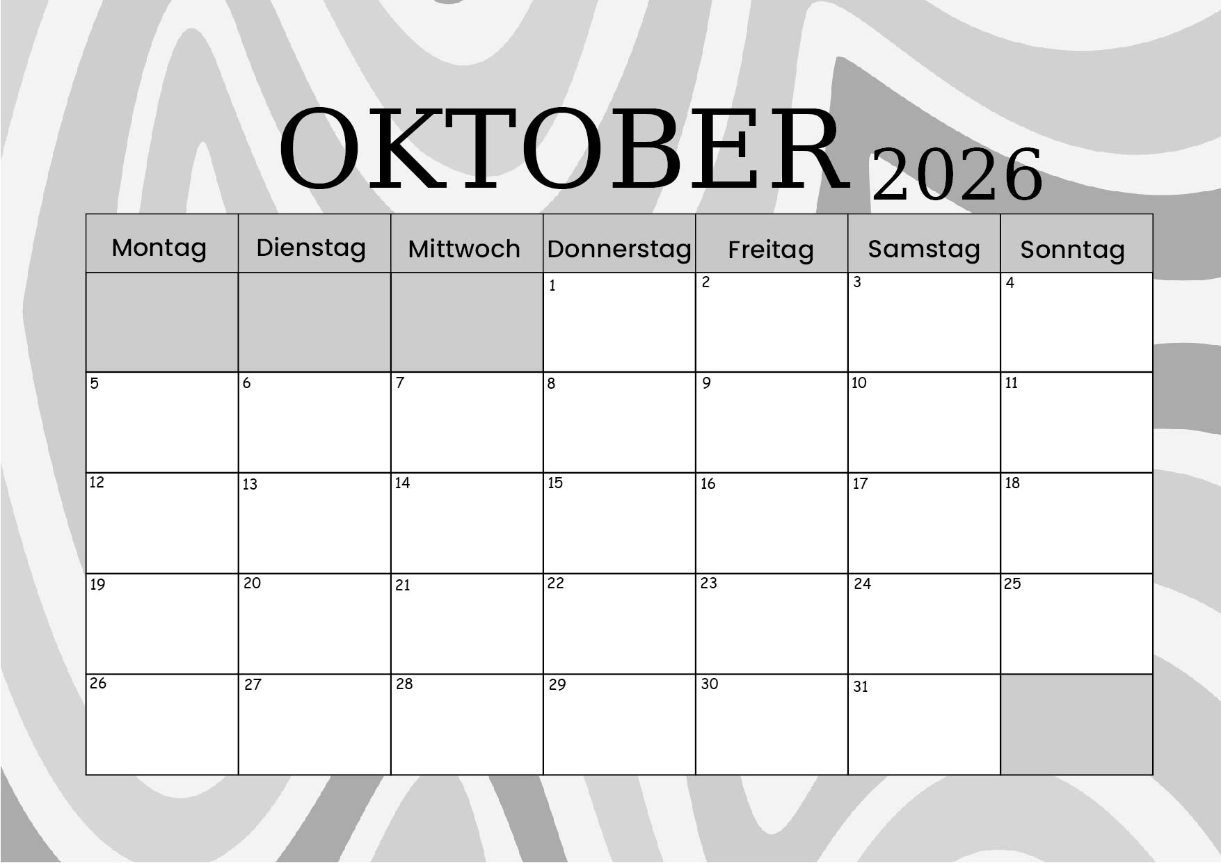 Kalender Oktober zum 2026 Ausdrucken