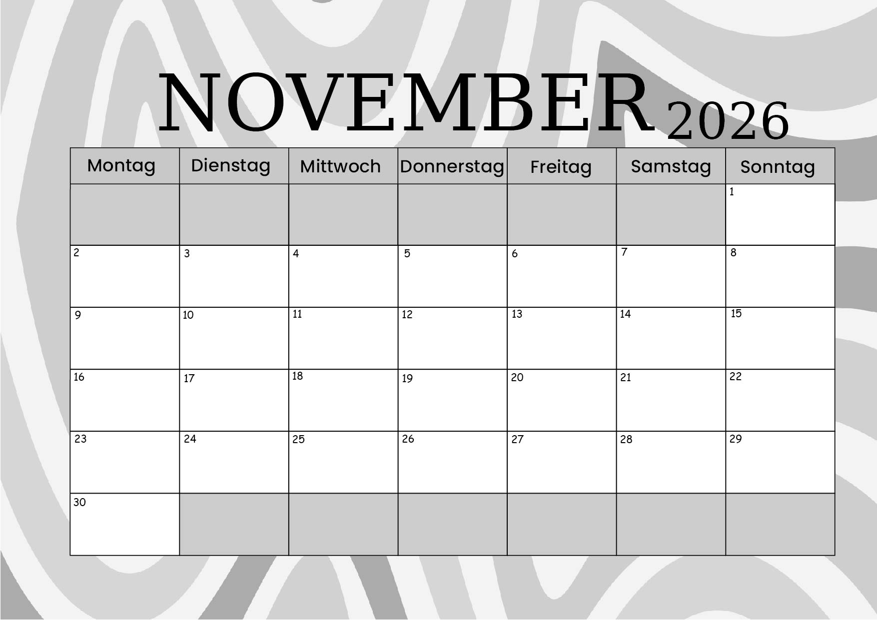 November 2026 Kalender zum Ausdrucken im PDF-Format