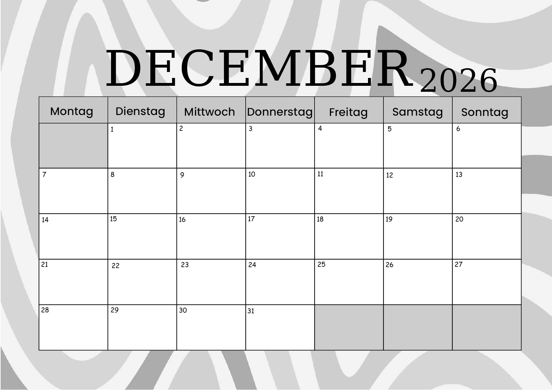 Kalender Dezember zum 2026 Ausdrucken