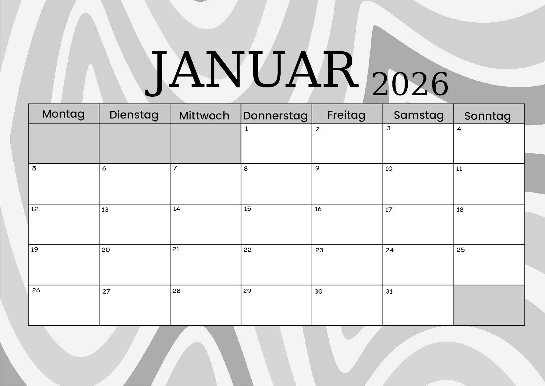 Kalender Januar zum 2026 Ausdrucken