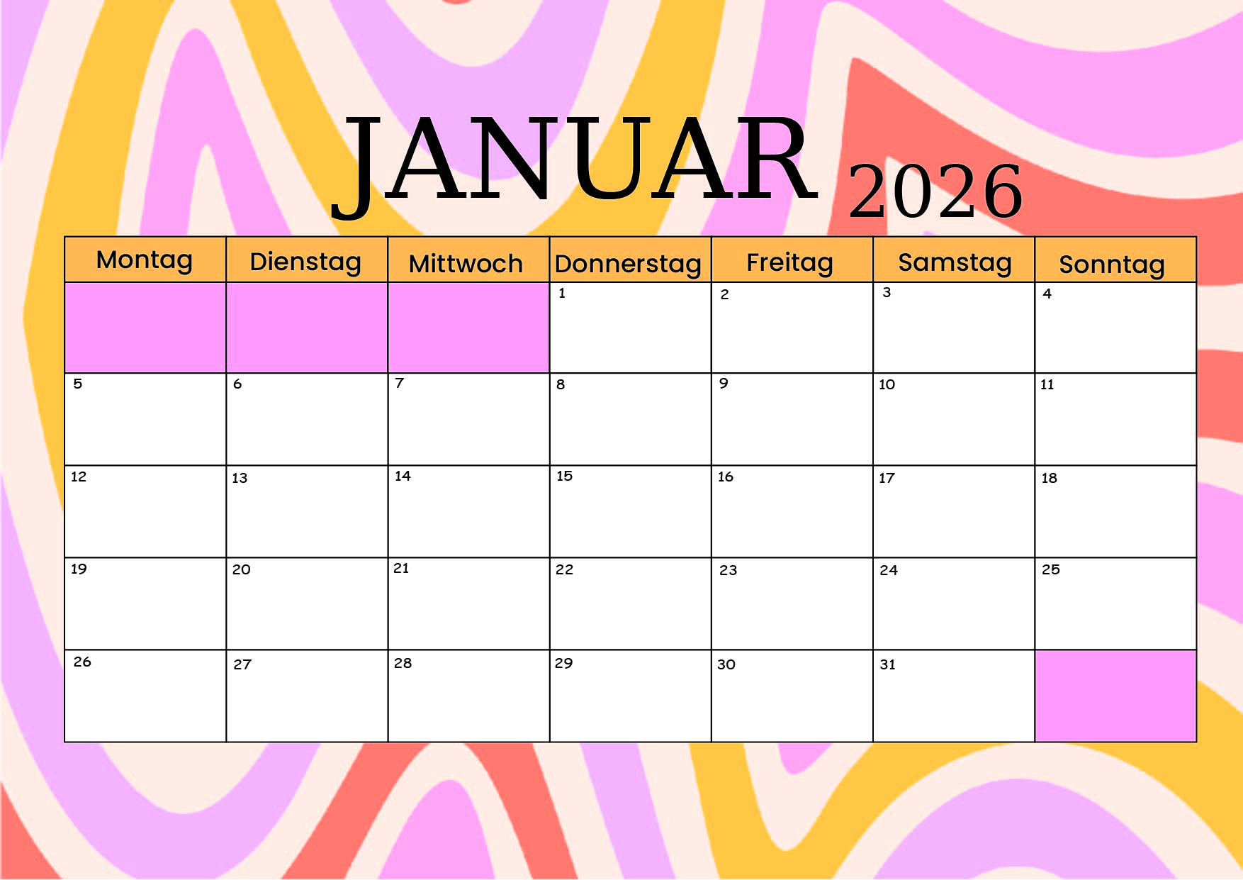 Kalender Januar zum 2026 Ausdrucken