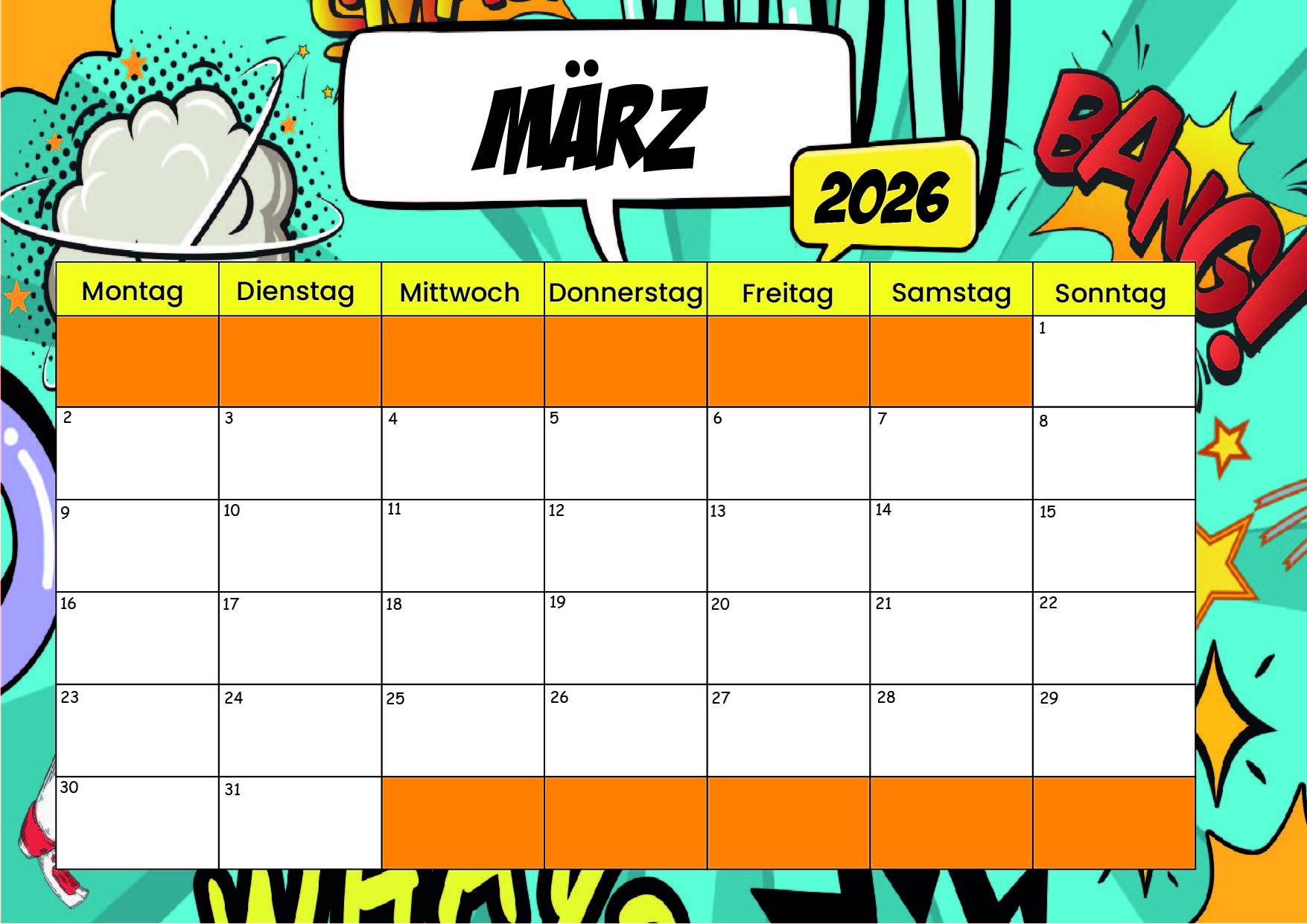 Kalender März zum 2026 Ausdrucken