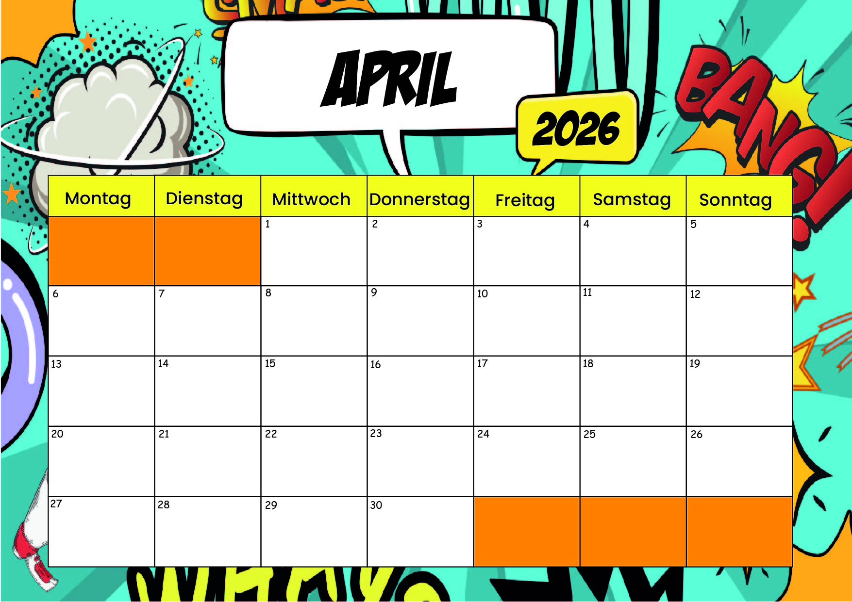 Kalender April zum 2026 Ausdrucken