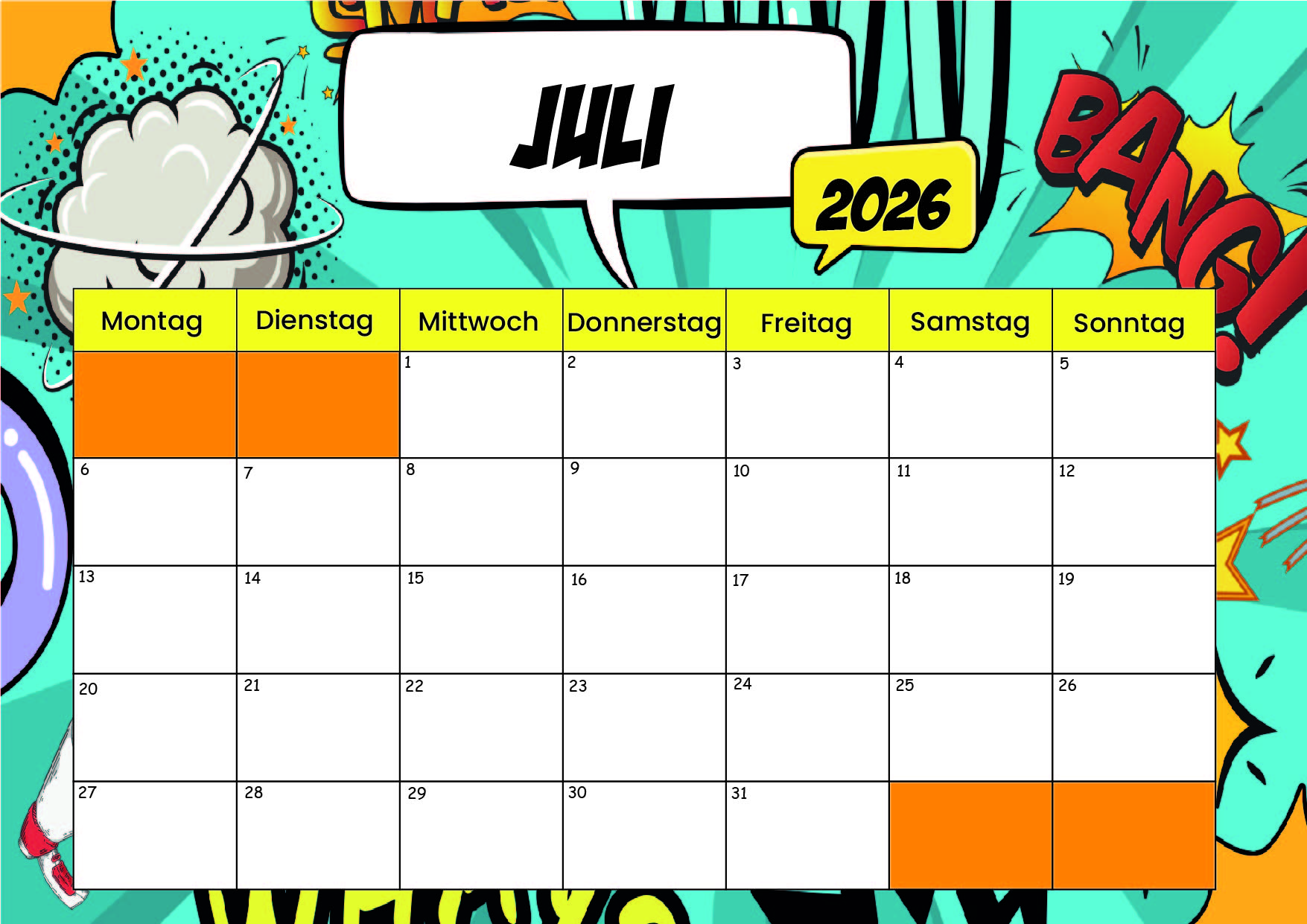 Kalender Juli zum 2026 Ausdrucken