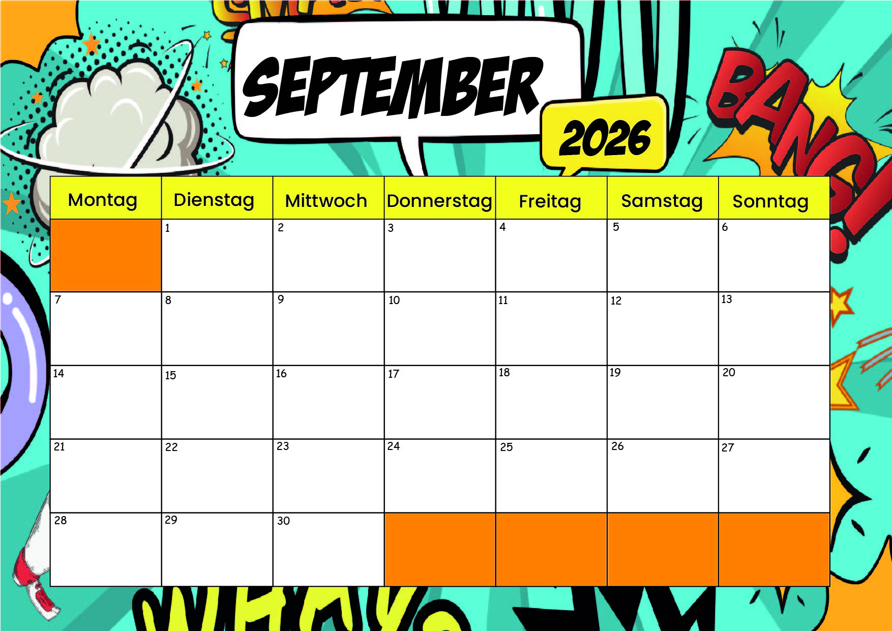 Kalender September zum 2026 Ausdrucken