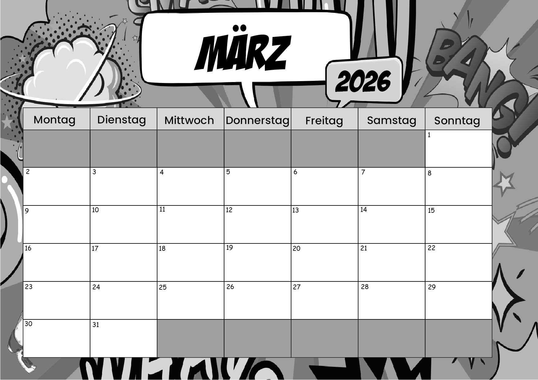 Kalender März zum 2026 Ausdrucken