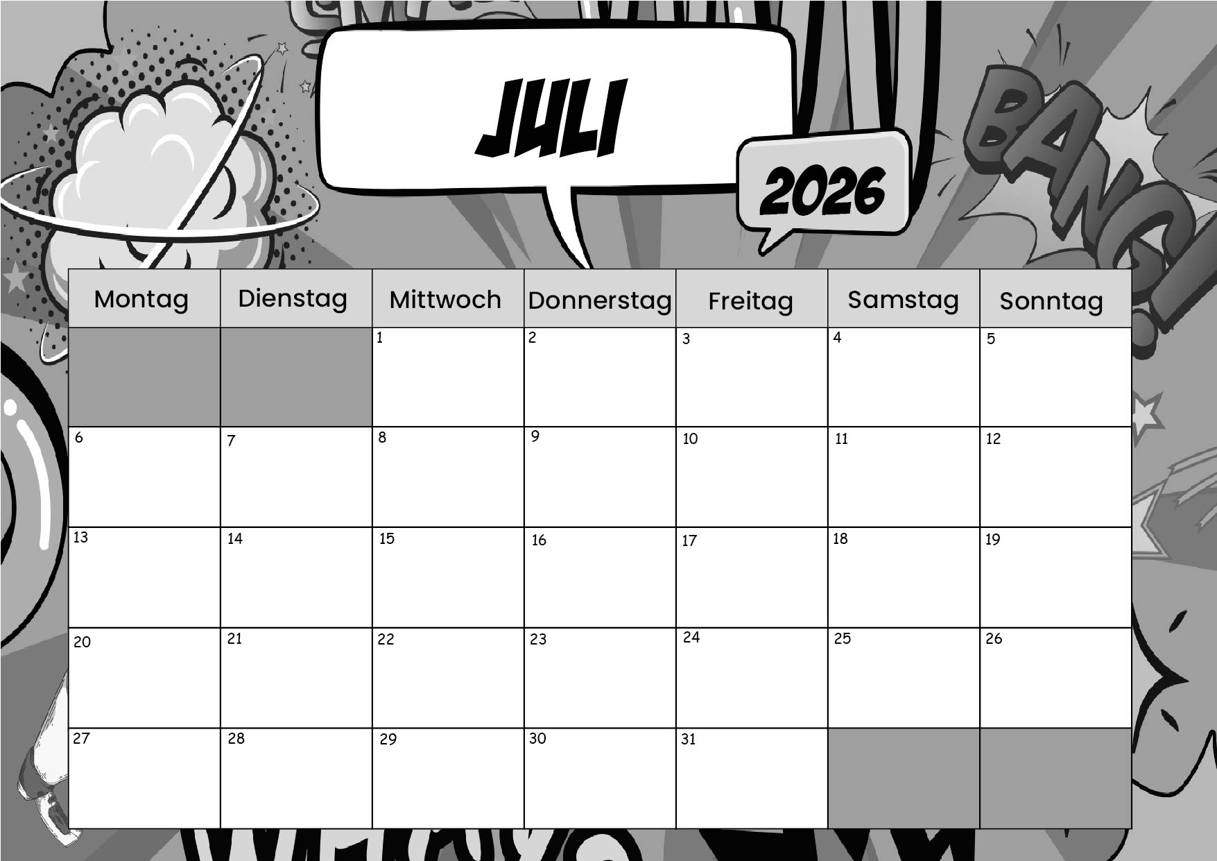 Kalender Juli zum 2026 Ausdrucken