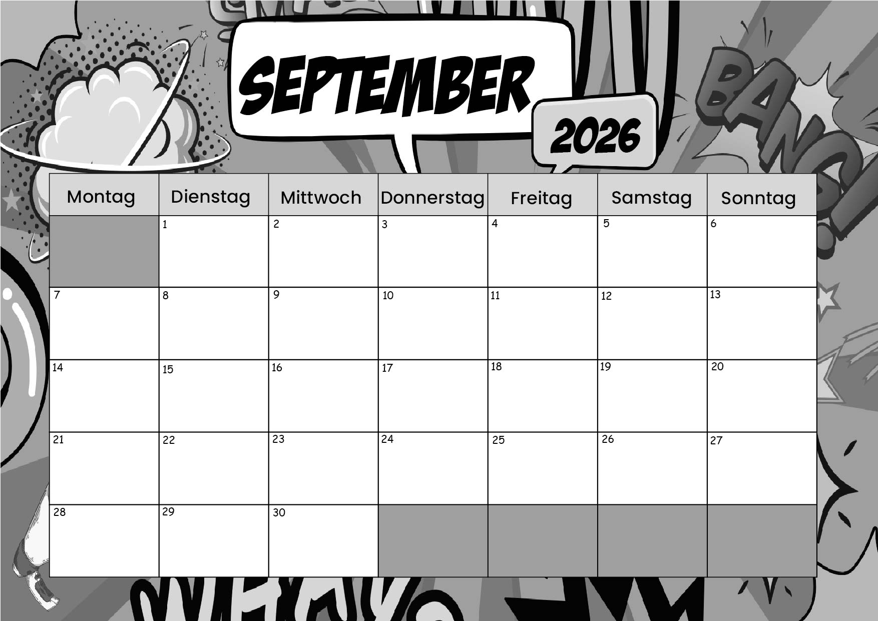 Kalender September zum 2026 Ausdrucken