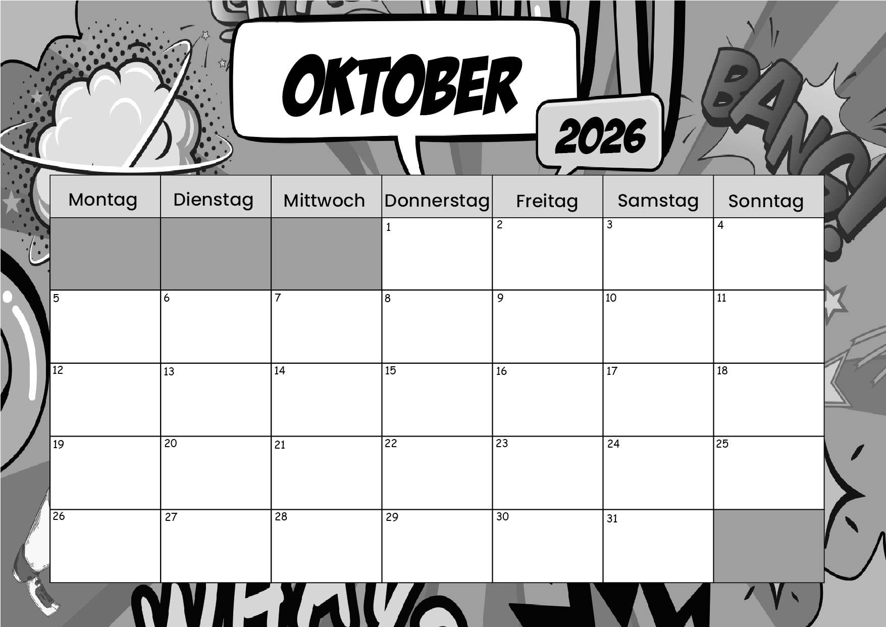 Kalender Oktober zum 2026 Ausdrucken