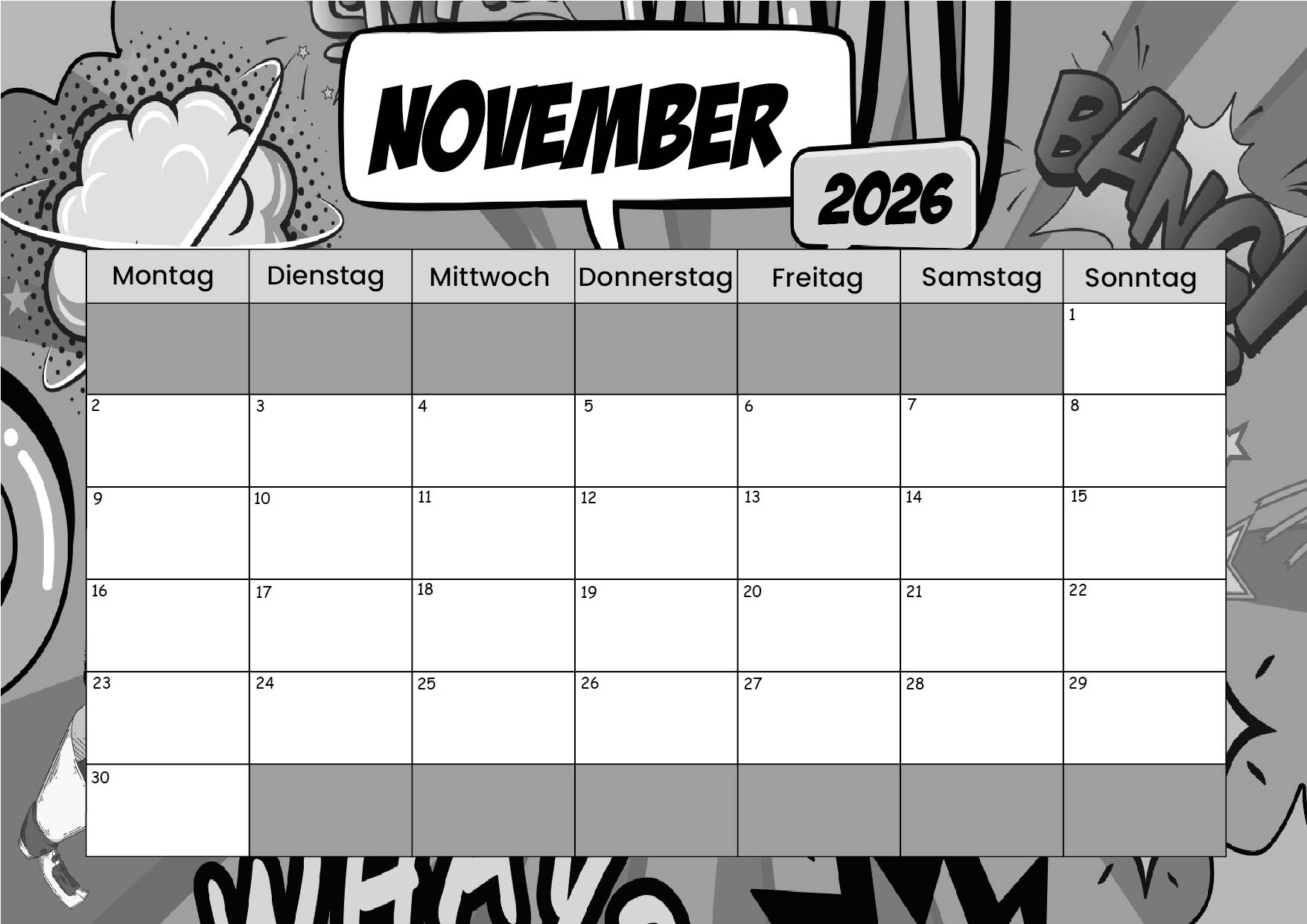 November 2026 Kalender zum Ausdrucken im PDF-Format