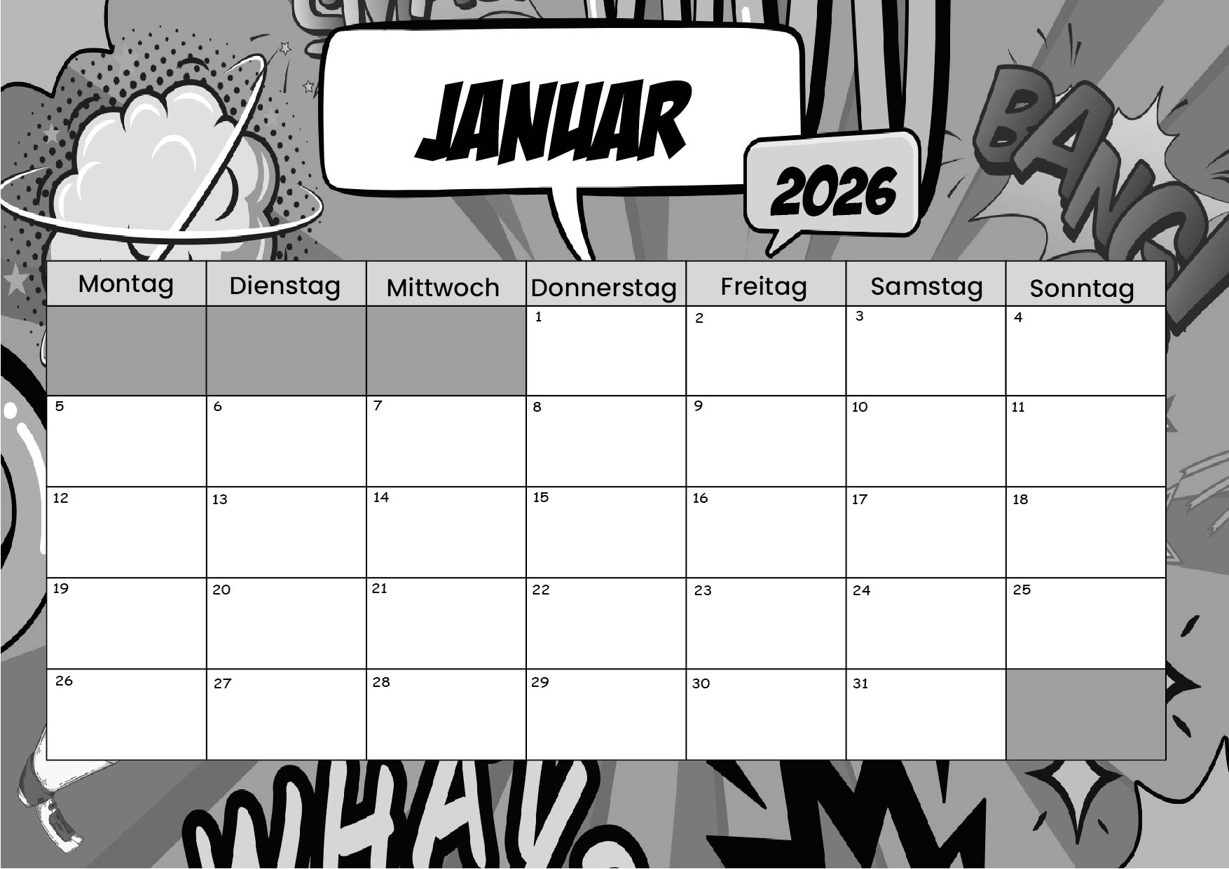 Kalender Januar zum 2026 Ausdrucken