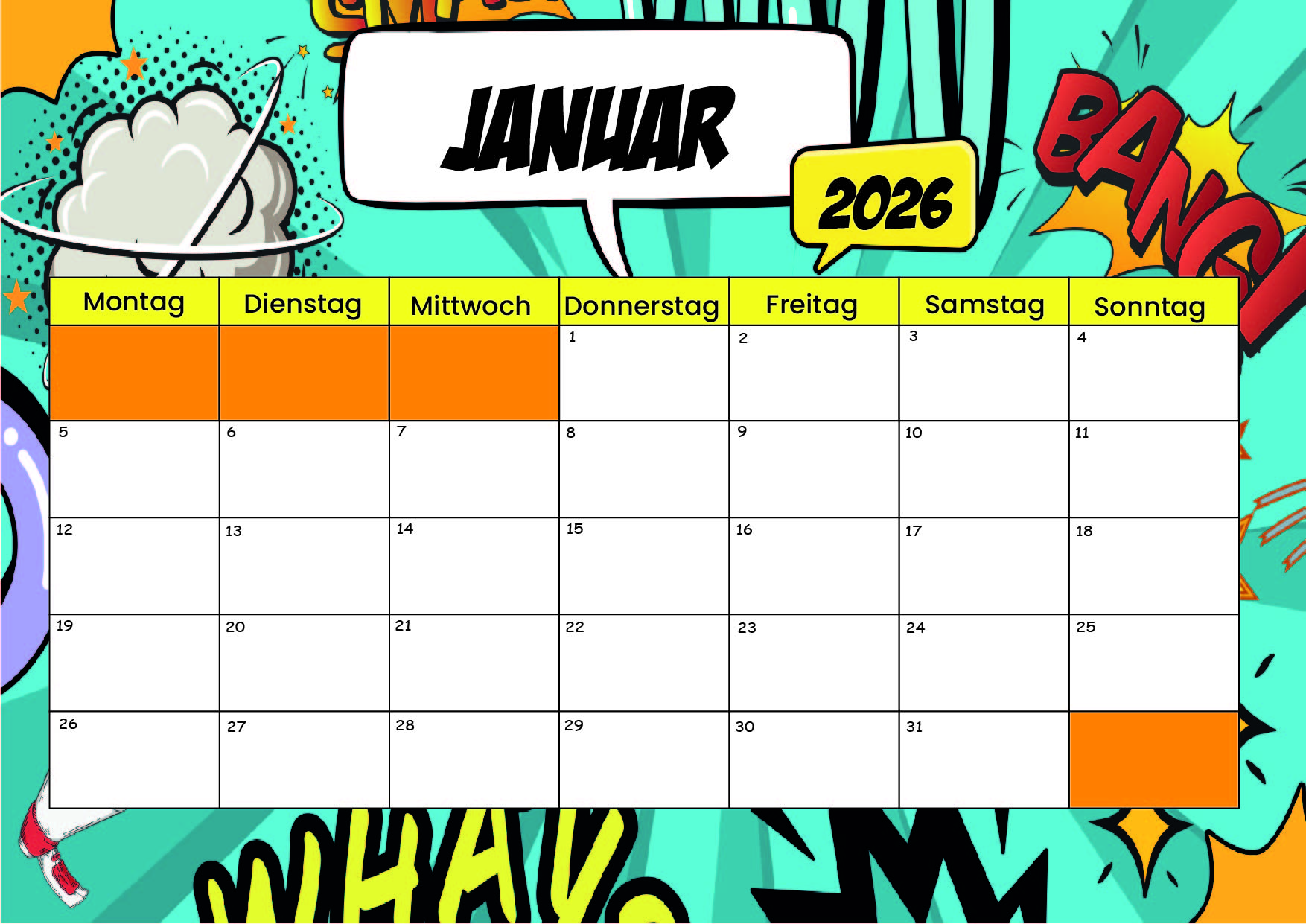 Kalender Januar zum 2026 Ausdrucken