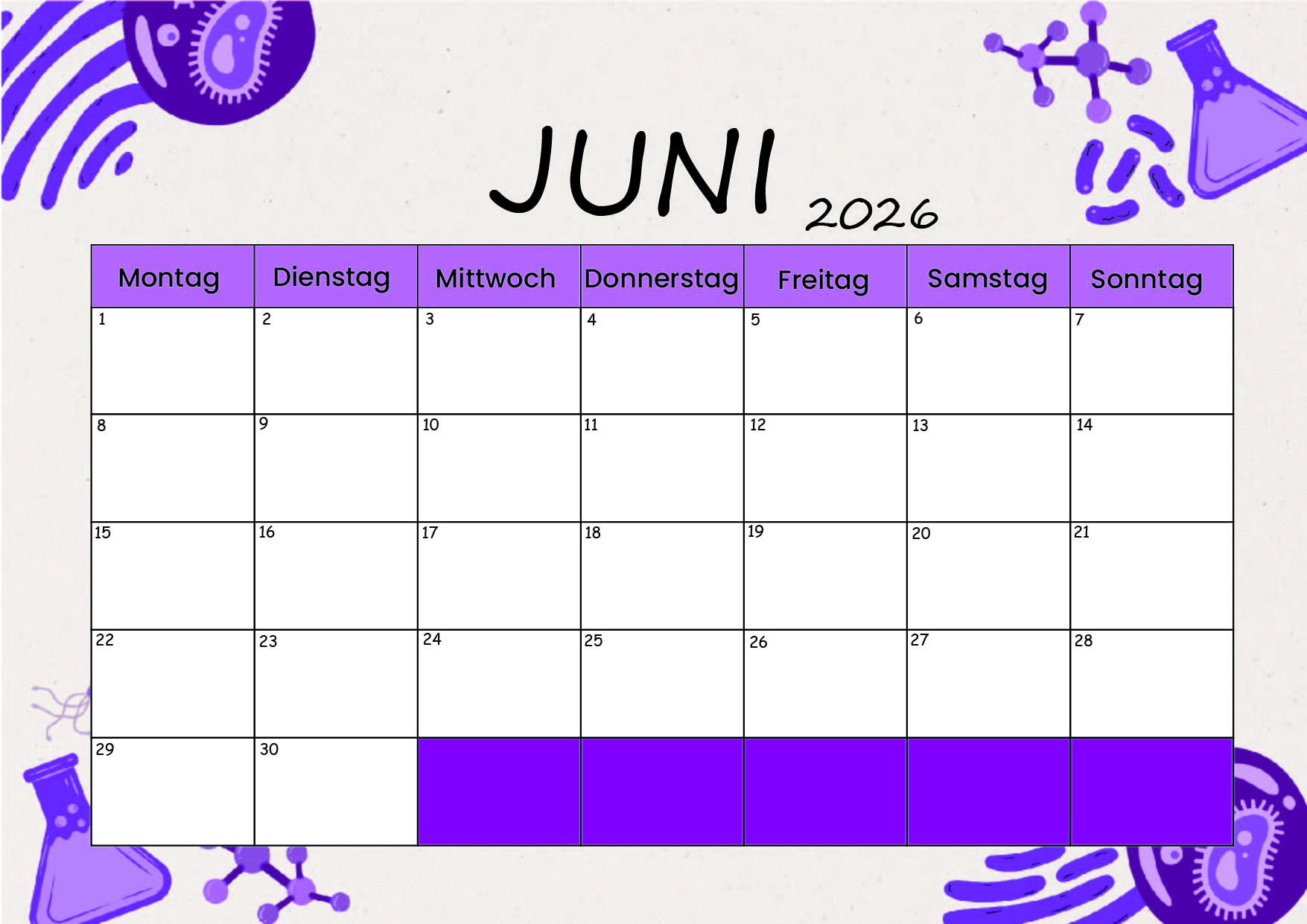 Kalender Juni zum 2026 Ausdrucken