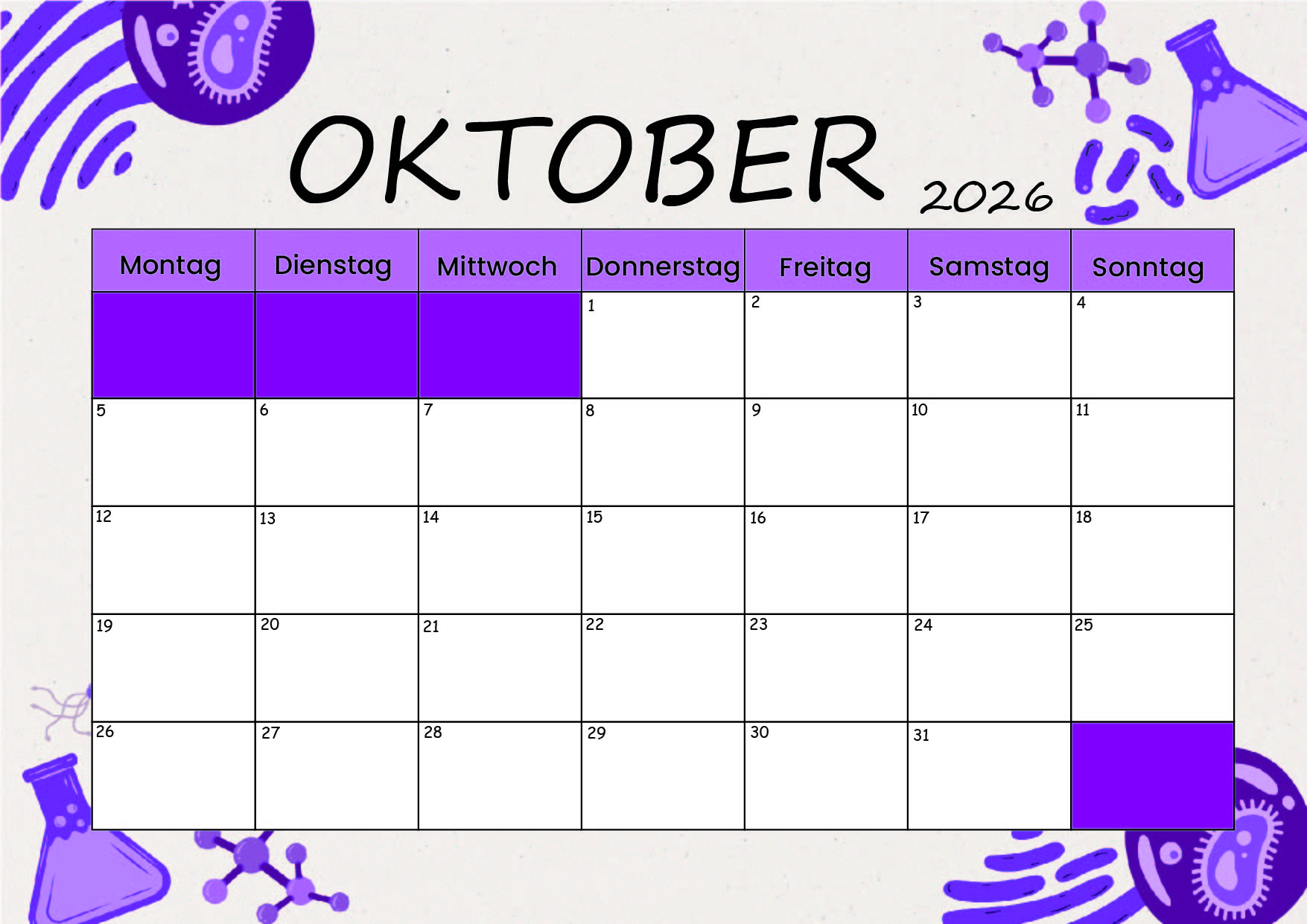 Kalender Oktober zum 2026 Ausdrucken