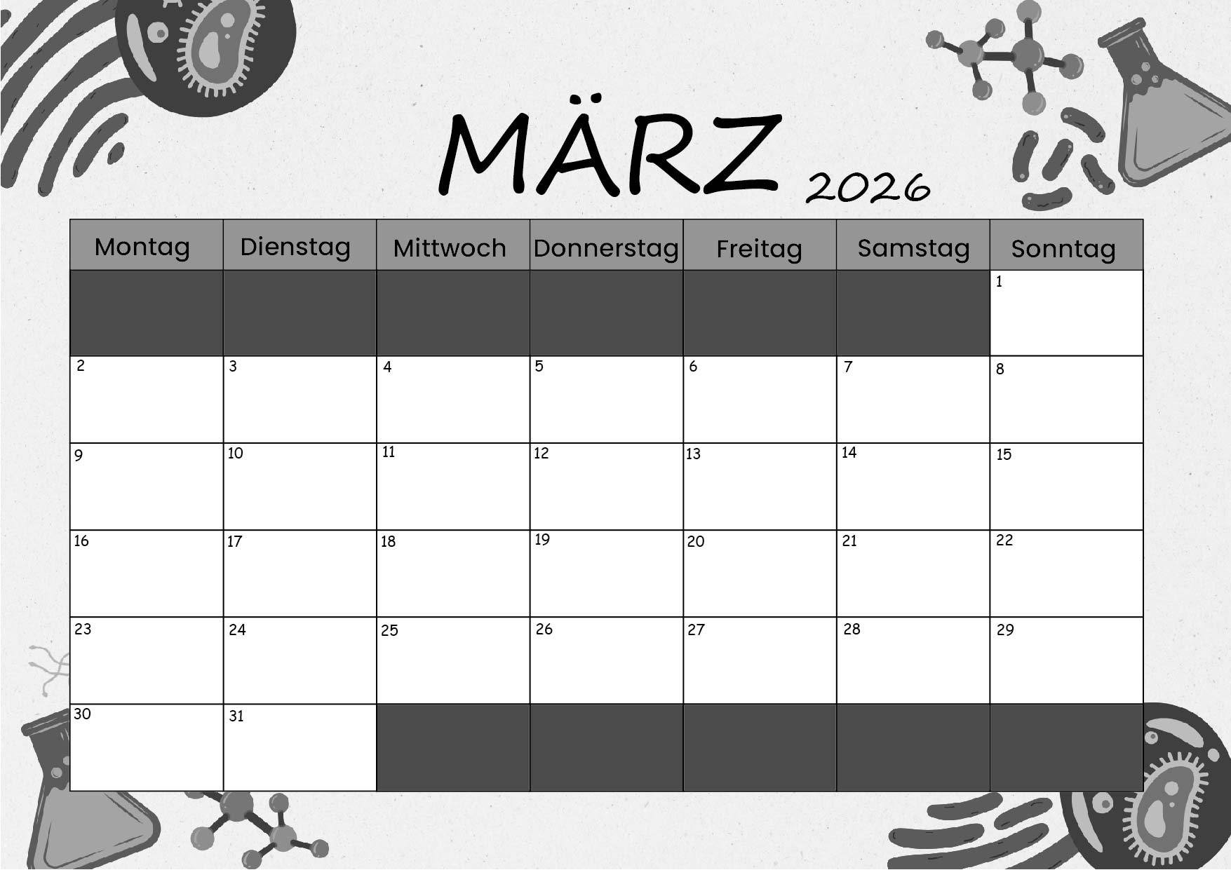 Kalender März zum 2026 Ausdrucken