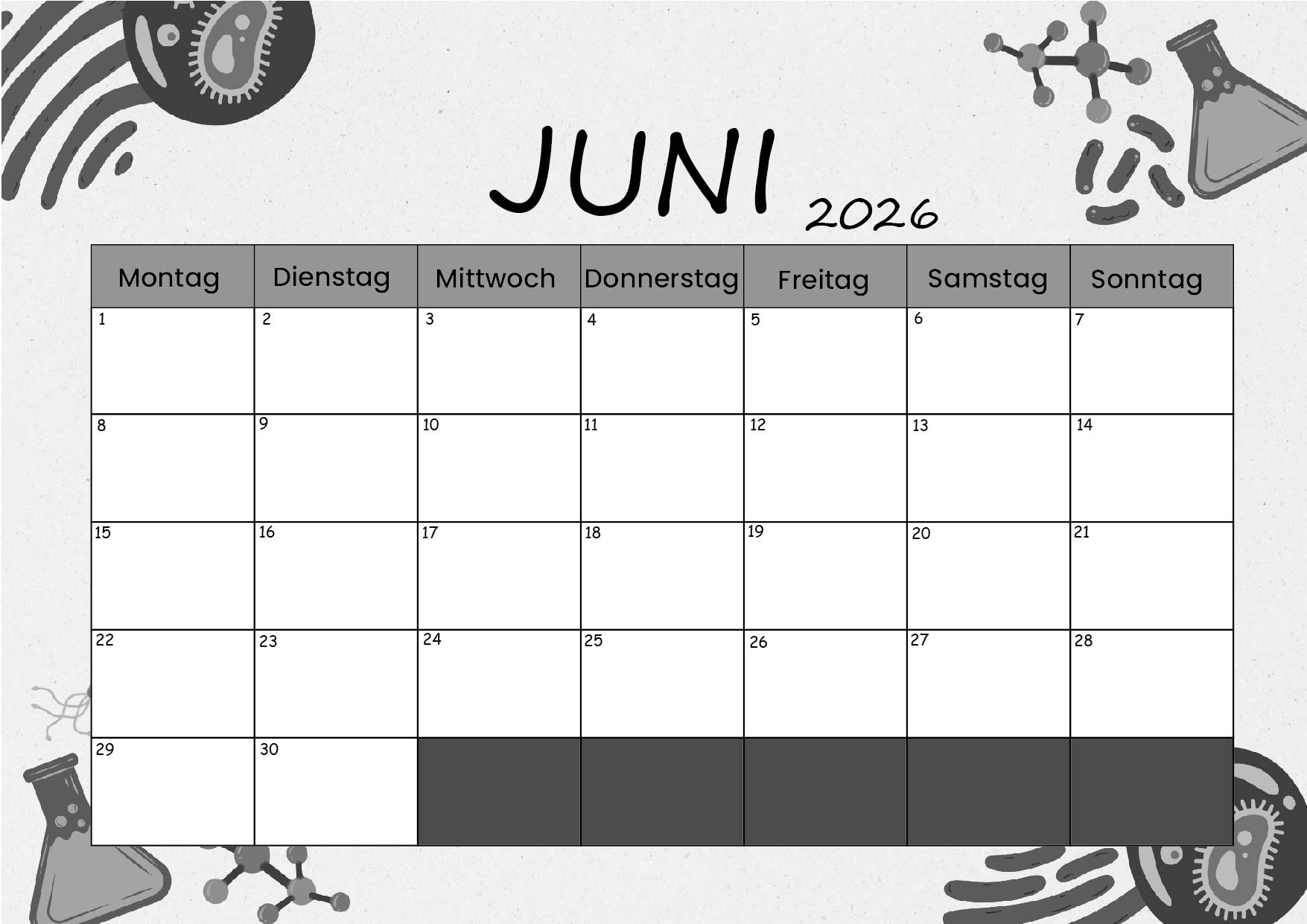 Kalender Juni zum 2026 Ausdrucken