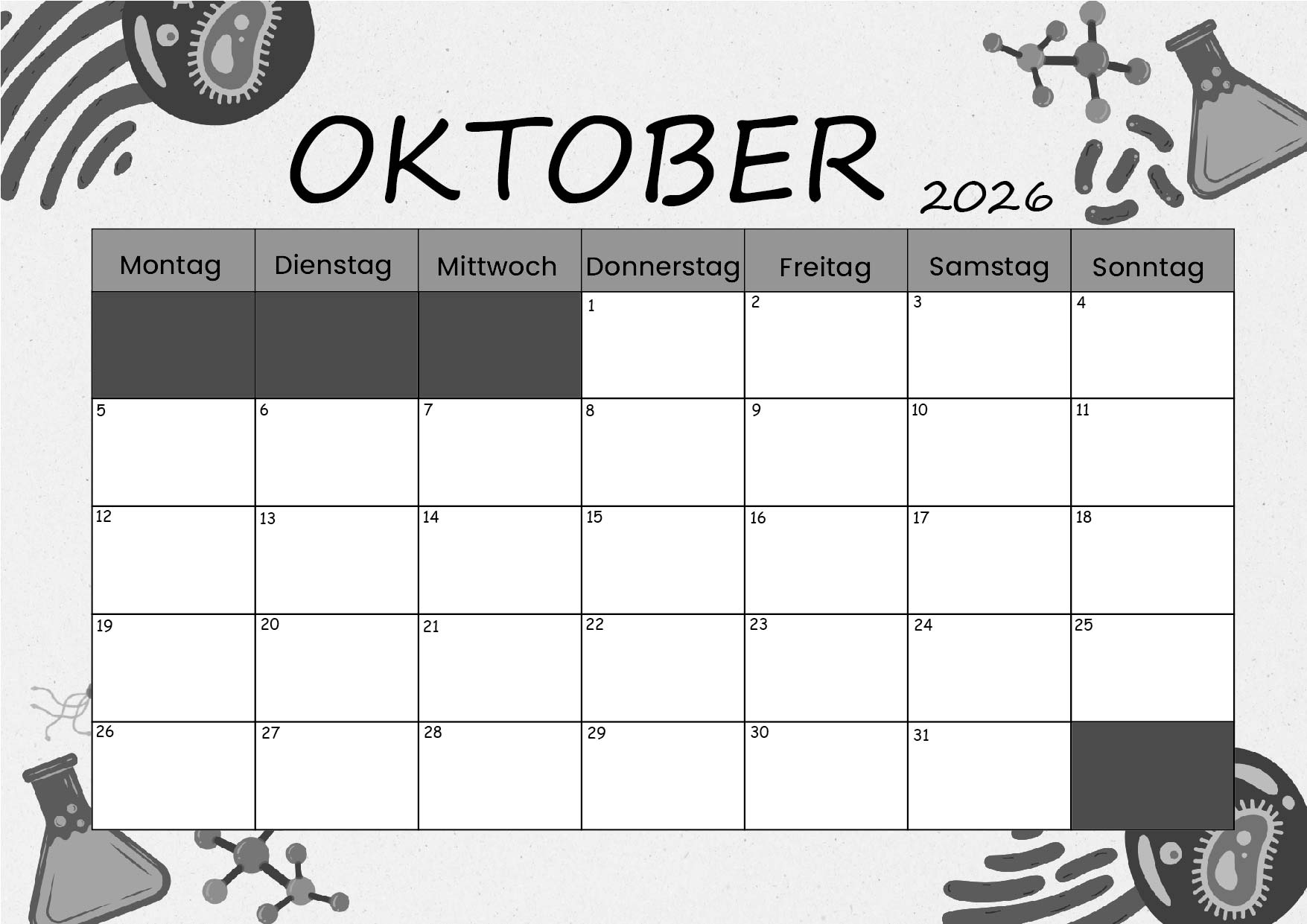 Kalender Oktober zum 2026 Ausdrucken