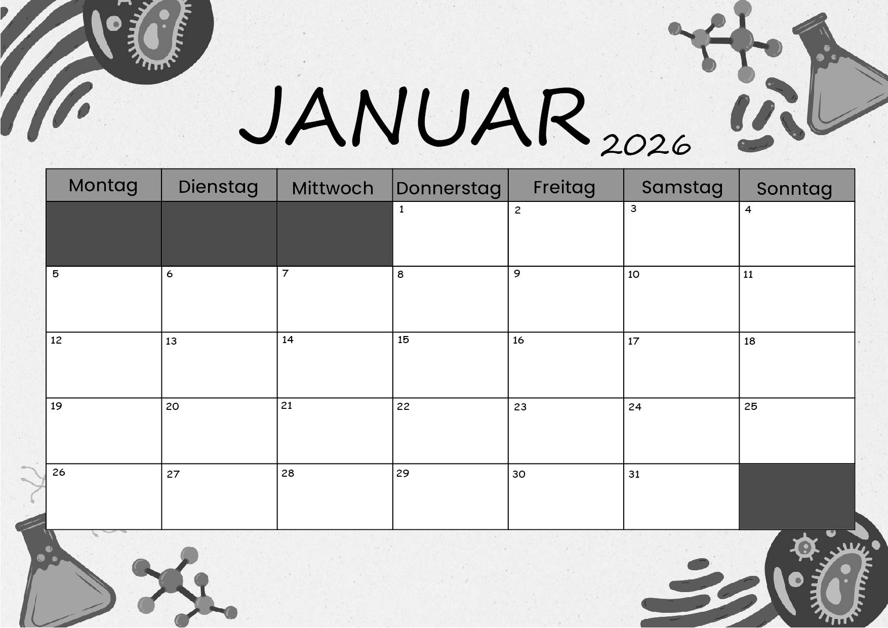 Kalender Januar zum 2026 Ausdrucken