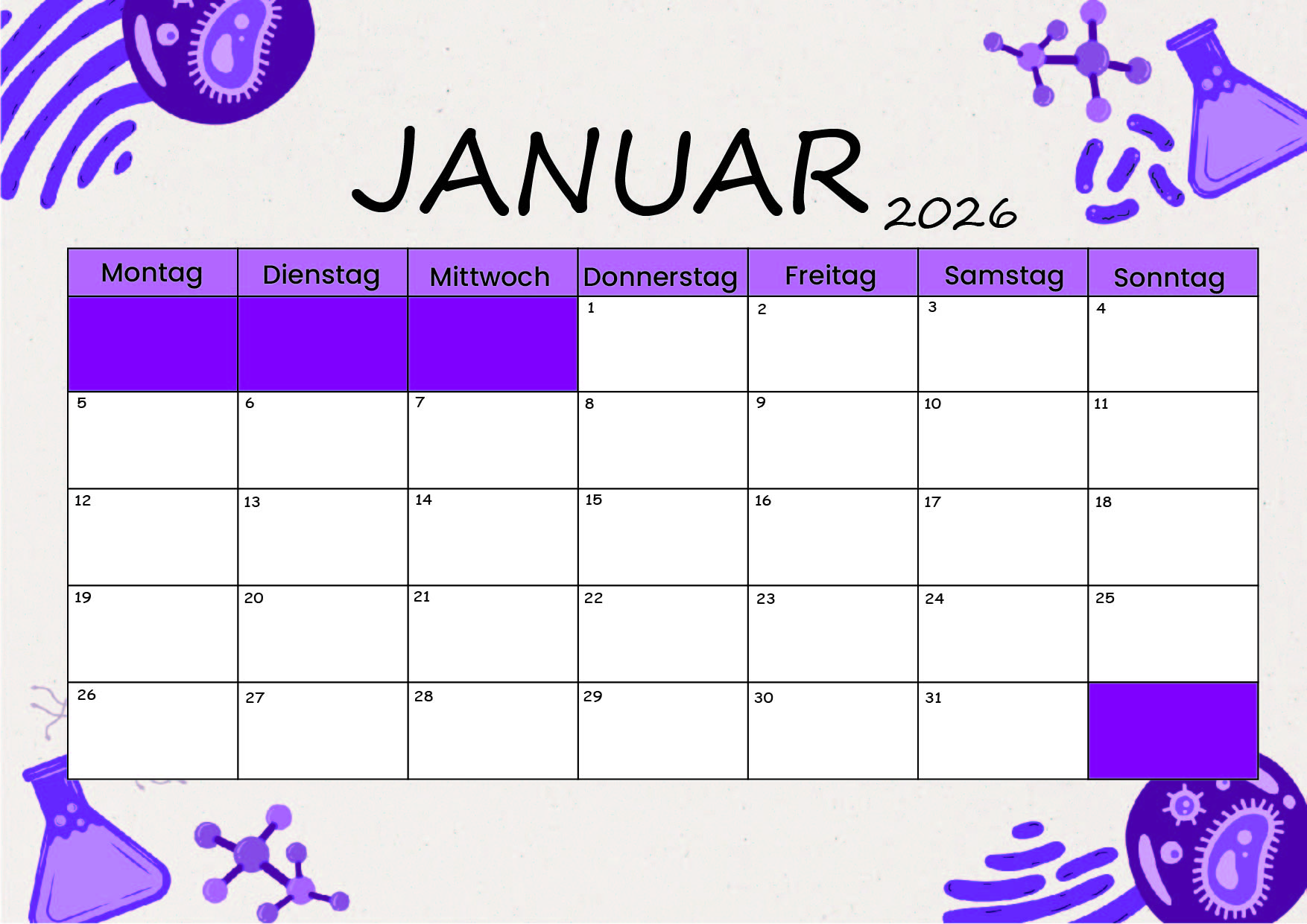 Kalender Januar zum 2026 Ausdrucken